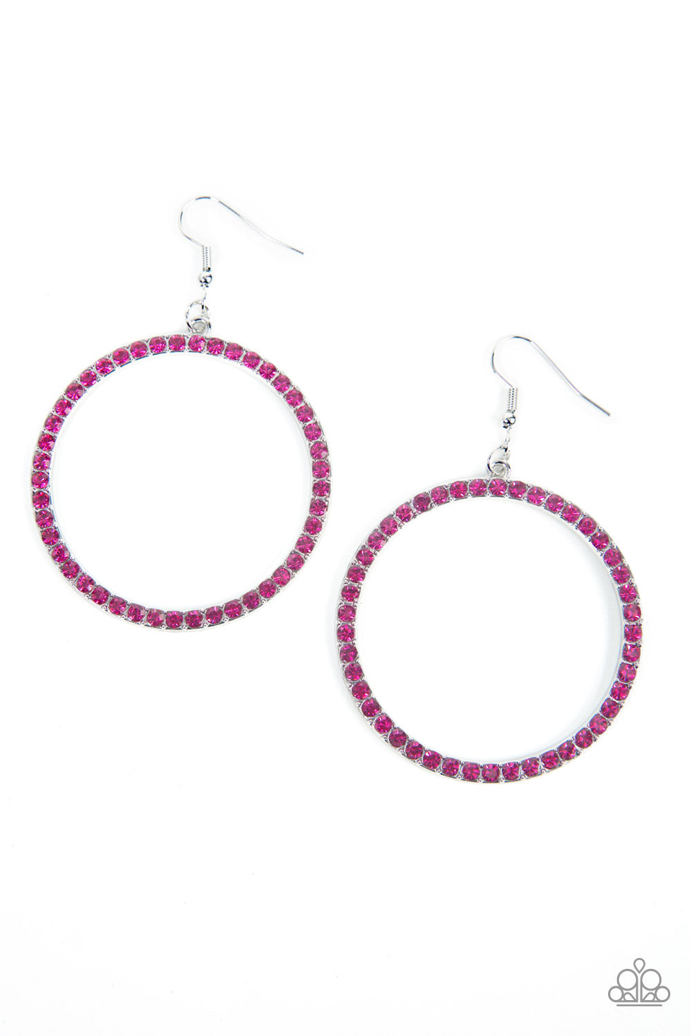 Head-Turning Halo Pink Earring - Paparazzi Accessories The front of an oversized silver ring is encrusted in glitzy Fuchsia Fedora rhinestones, resulting in a head-turning hoop. Earring attaches to a standard fishhook fitting. Sold as one pair of earrings.