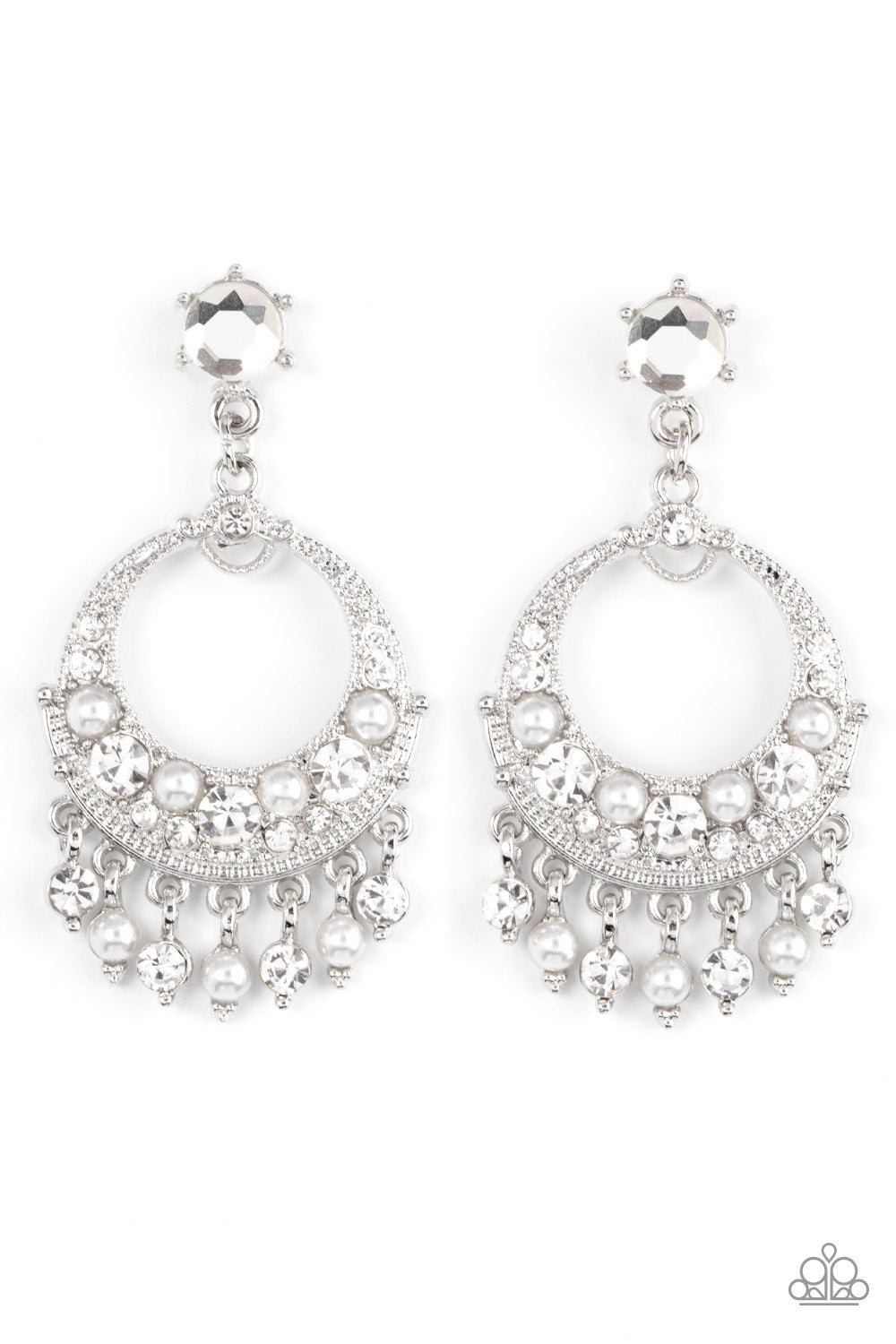 Marrakesh Request White Post Earring - Paparazzi Accessories White pearl and white rhinestone dotted frames dance from the bottom of an ornate silver hoop encrusted in matching bubbly accents, resulting in a timeless fringe at the bottom of a solitaire white rhinestone. Earring attaches to a standard fishhook fitting. Sold as one pair of post earrings.