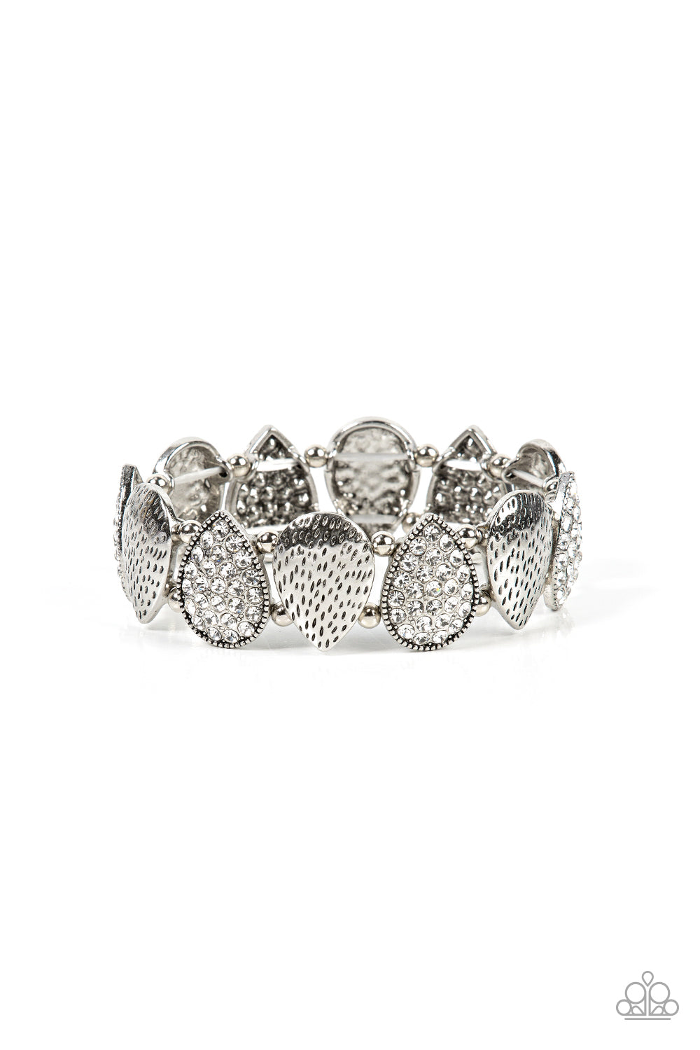 Playing Favorites White Bracelet - Paparazzi Accessories Infused with pairs of silver beads, a decorative collection of hammered silver teardrops, and white encrusted silver teardrops alternate along stretchy bands around the wrist for an edgy flair. Sold as one individual bracelet.