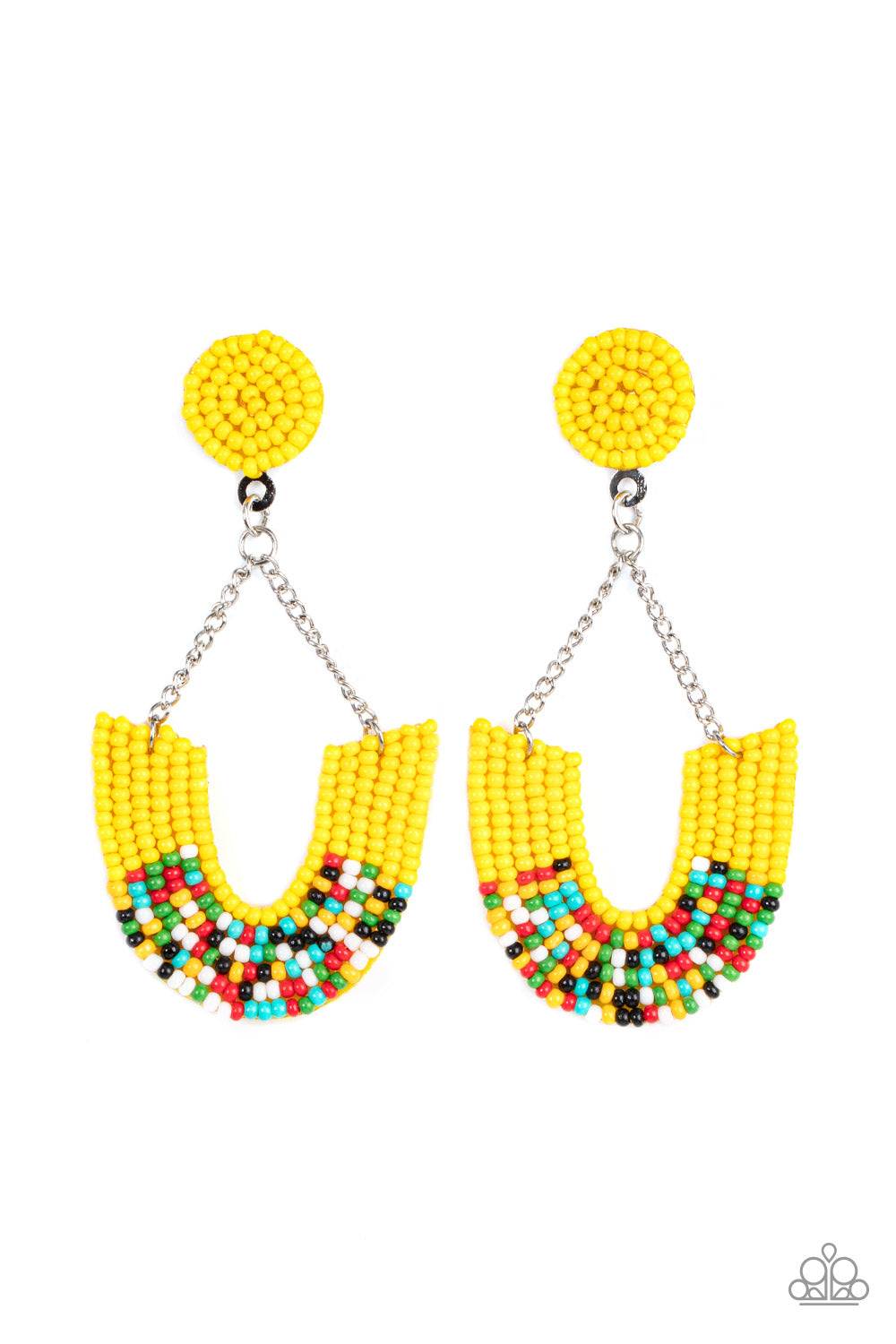 Make it RAINBOW Yellow Earring - Paparazzi Accessories Adorned in sections of Illuminating and multicolored seed beaded accents, a colorful rainbow swings from the bottom of shimmery silver chains that attach to an Illuminating seed beaded disc for a bohemian inspired fashion. Earring attaches to a standard post fitting. Sold as one pair of post earrings.
