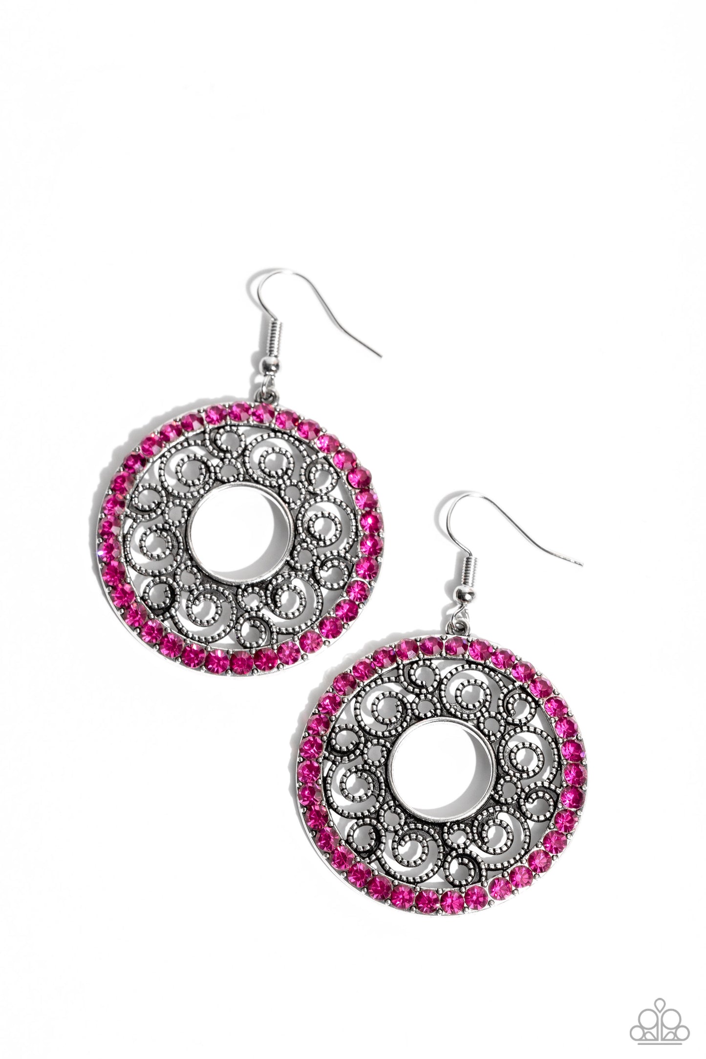 Whirly Whirlpool Pink Earring - Paparazzi Accessories Bordered in a ring of glittery Fuchsia Fedora rhinestones, a rustic silver hoop is filled with whirly silver filigree for a wistful finish. Earring attaches to a standard fishhook fitting. Sold as one pair of earrings. P5RE-PKXX-250XX