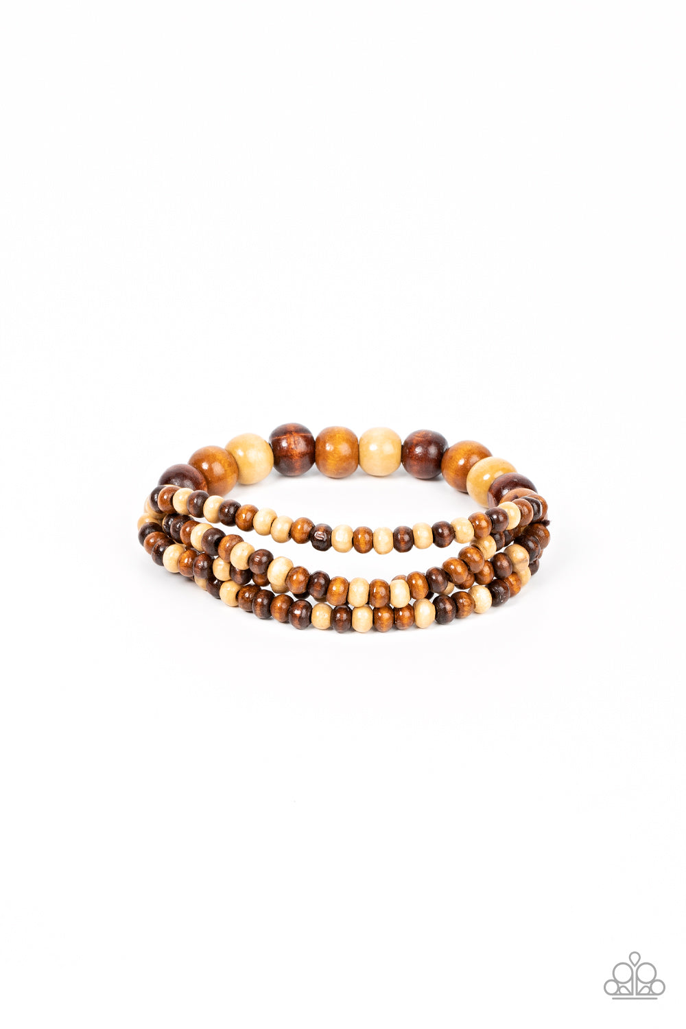 Oceania Oasis Brown Bracelet - Paparazzi Accessories Varying in natural wooden finishes, stretchy strands of dainty wooden beads attach to a single row of oversized wooden beads around the wrist for an earthy spin on the homespun trend. Sold as one individual bracelet.