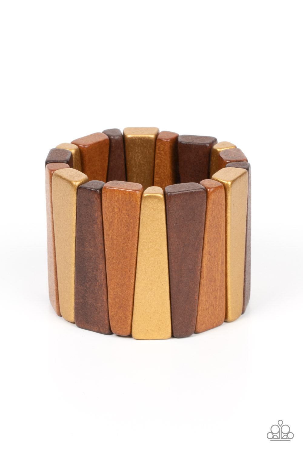 Bahama Boardwalk Brown Wooden Bracelet - Paparazzi Accessories Featuring natural wooden and brassy gold finishes, triangular wooden beads alternate along stretchy bands around the wrist for an earthy centerpiece. Sold as one individual bracelet. P9SE-BNXX-180XX