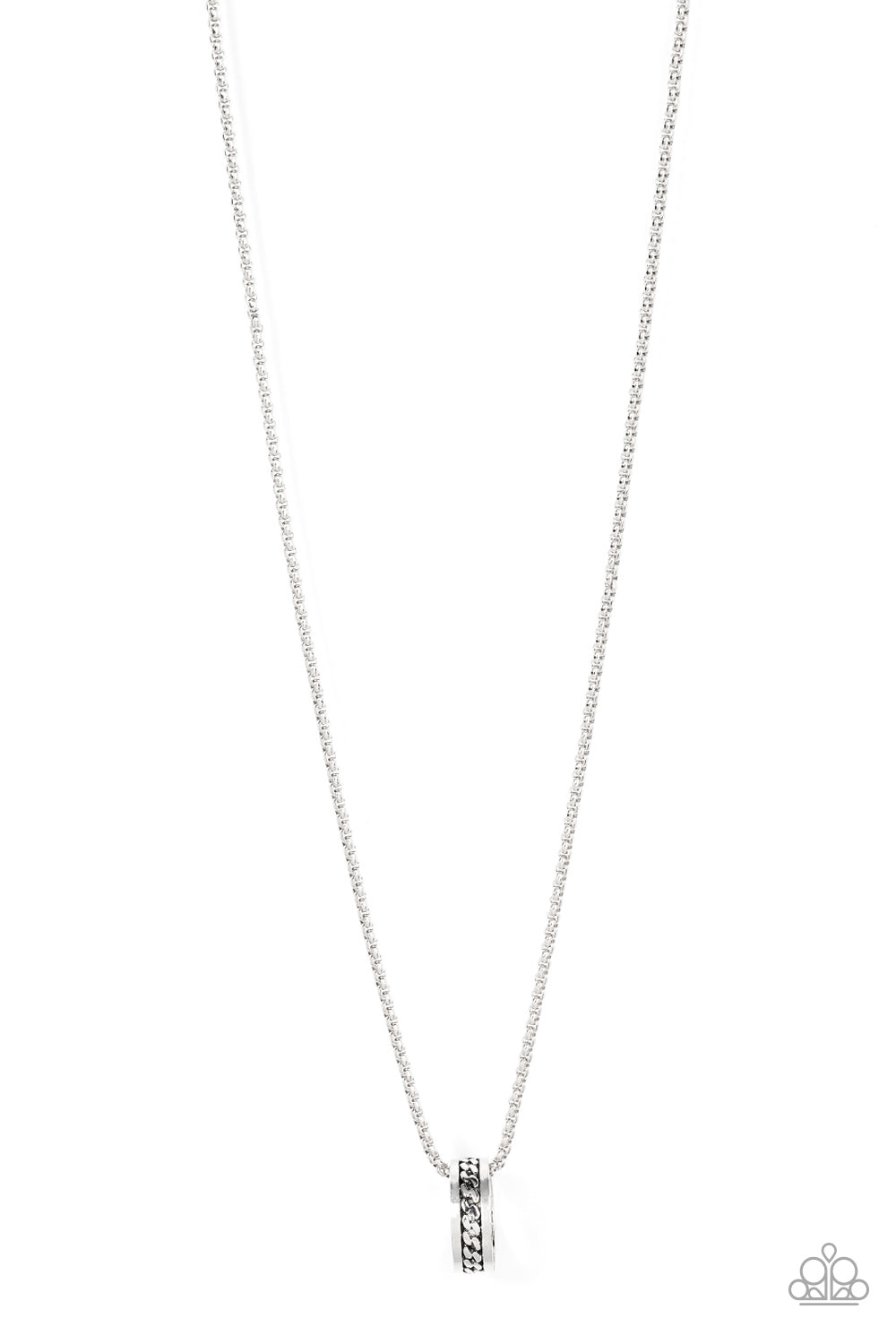 Emotion Potion Silver Necklace - Paparazzi Accessories Embossed in a band of zigzagging texture, an antiqued silver ring glides along a strand of silver box chain across the chest in a rustic fashion. Features an adjustable clasp closure. Sold as one individual necklace.