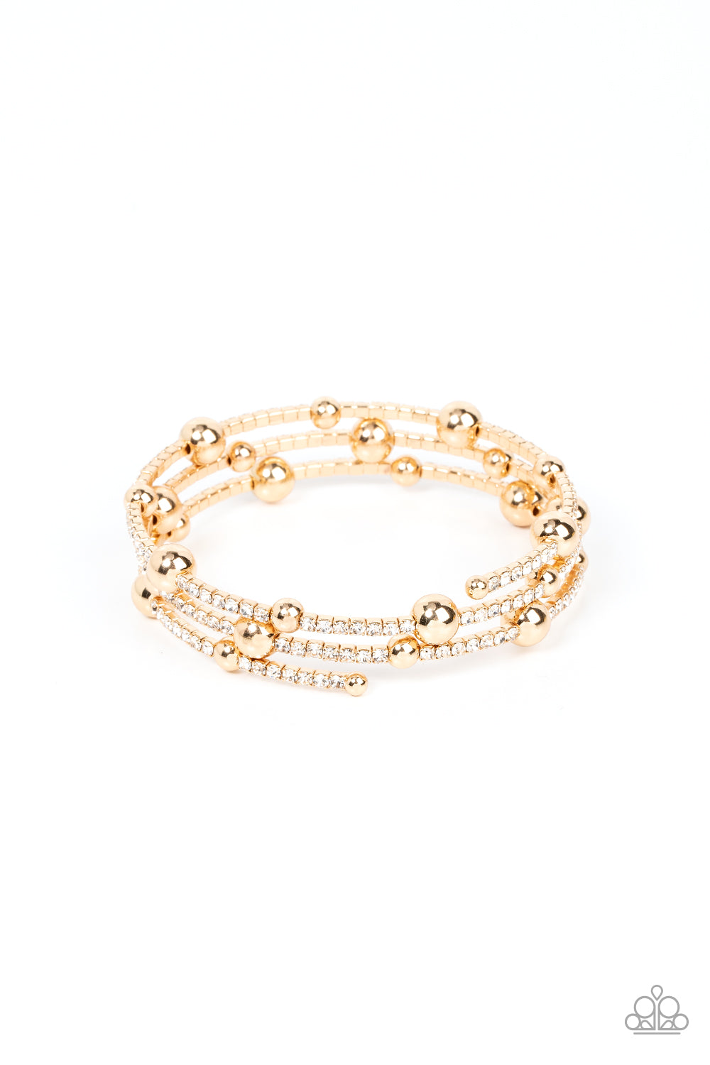 Spontaneous Shimmer Gold Bracelet - Paparazzi Accessories Spontaneously interrupted by glistening gold beads, a sparkly strand of white rhinestones coils around the wrist, resulting in an irresistible infinity wrap bracelet. Sold as one individual bracelet.