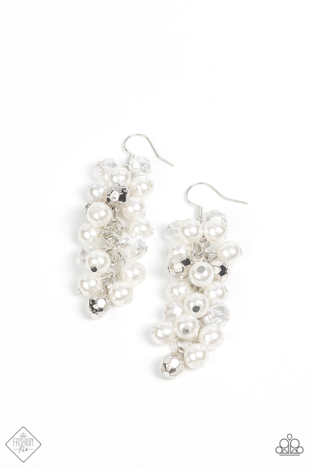 Pursuing Perfection White Pearl Earring - Paparazzi Accessories A sprinkle of faceted iridescent and silver beads mingle with a cluster of dreamy white pearls resulting in an elegant chandelier that sways below the ear. Earring attaches to a standard fishhook fitting. Sold as one pair of earrings.