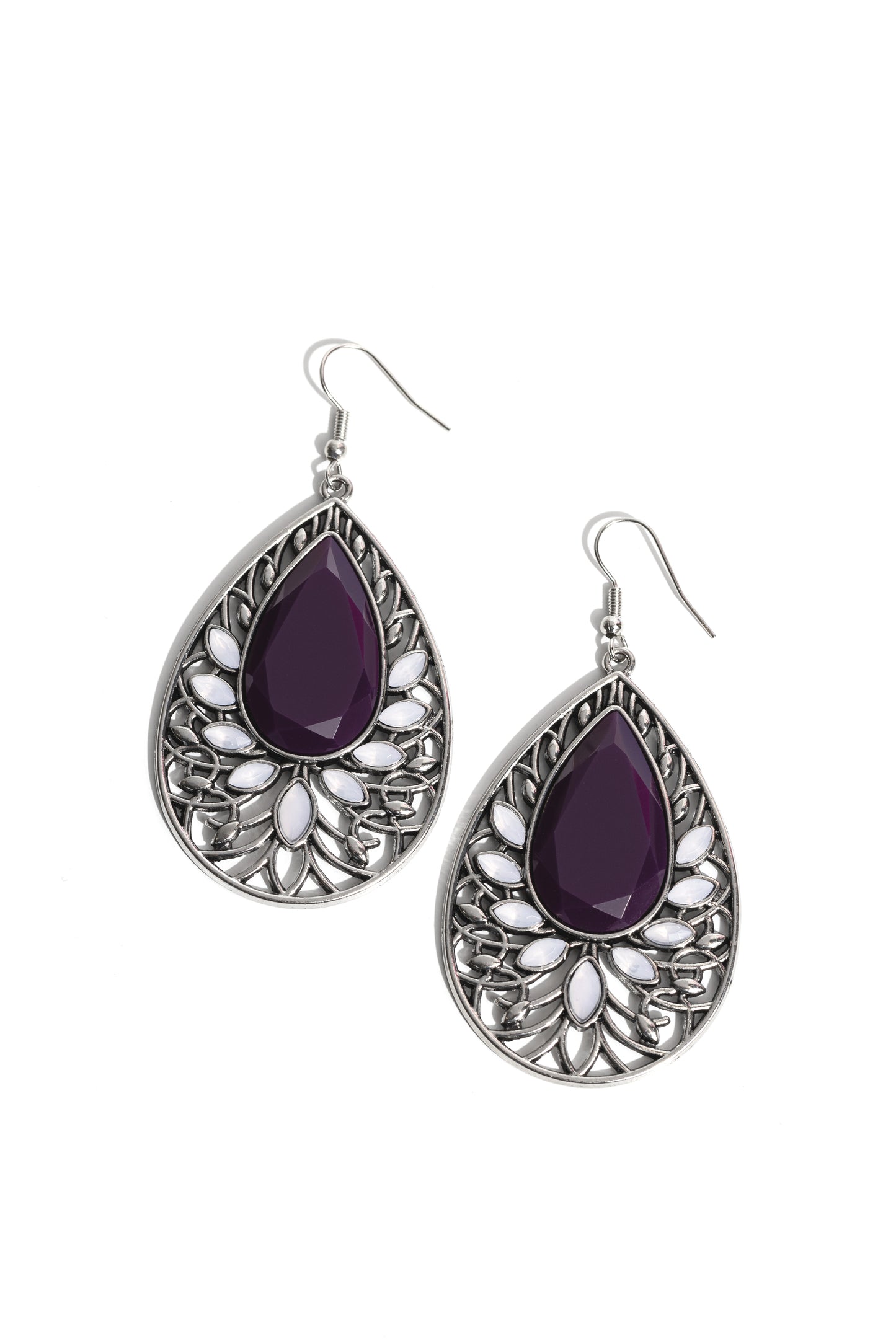 Floral Fairytale Purple Earring - Paparazzi Accessories Marquise cut opalescent beads fan out from the bottom of an oversized plum teardrop bead atop a leafy silver backdrop, resulting in a whimsical floral frame. Earring attaches to a standard fishhook fitting. Sold as one pair of earrings. New Kit Sku: P5ST-PRXX-016XX