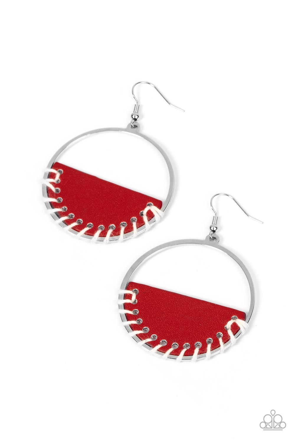 Lavishly Laid Back Red Earring - Paparazzi Accessories White cording is threaded through the bottom of a half moon piece of red leather, anchoring the earthy accent in place inside a glistening silver hoop for an earthy flair. Earring attaches to a standard fishhook fitting. Sold as one pair of earrings.