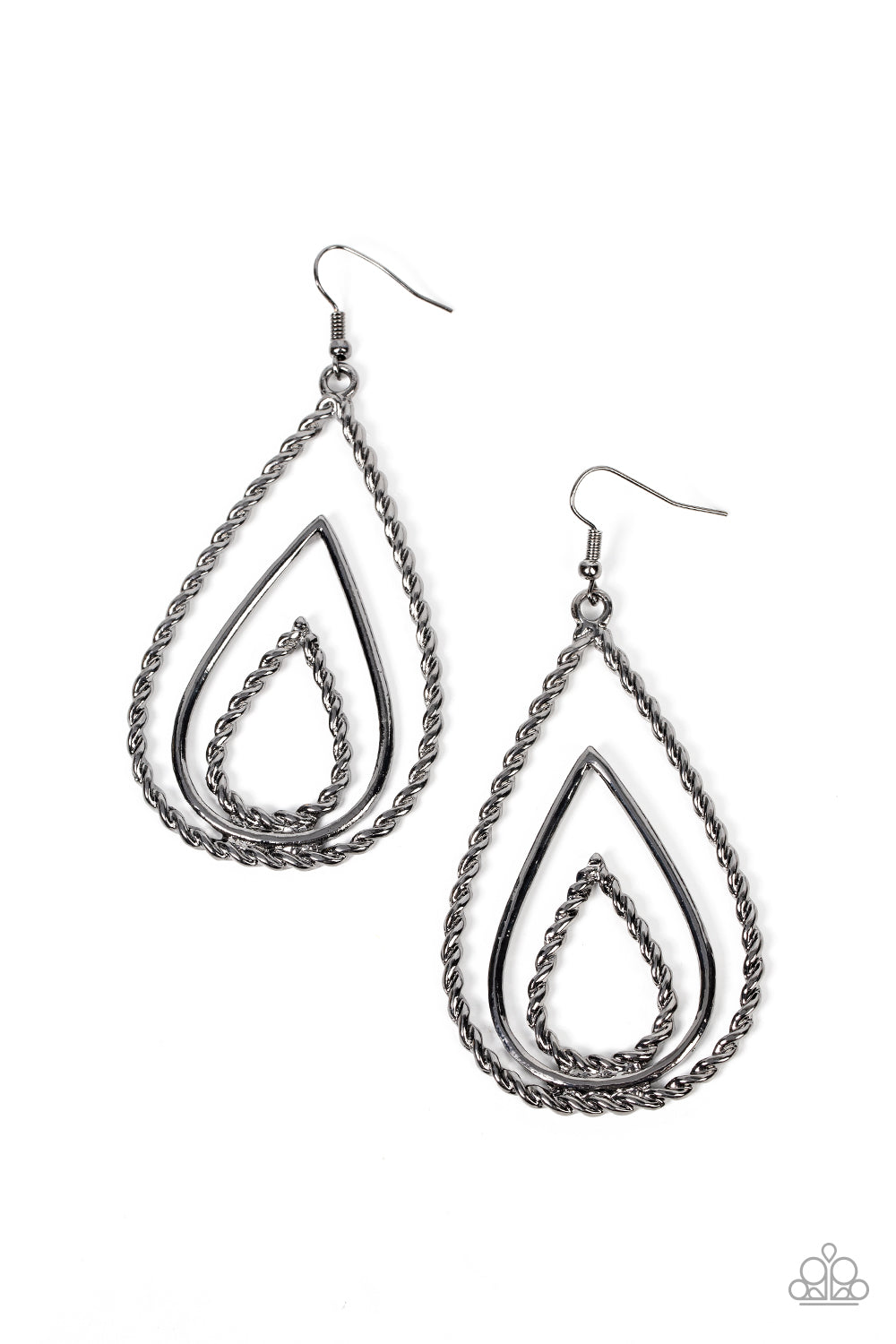 Tastefully Twisty Black Earring - Paparazzi Accessories Smooth and twisted gunmetal teardrops stack into a rippling lure for an edgy look. Earring attaches to a standard fishhook fitting. Sold as one pair of earrings.