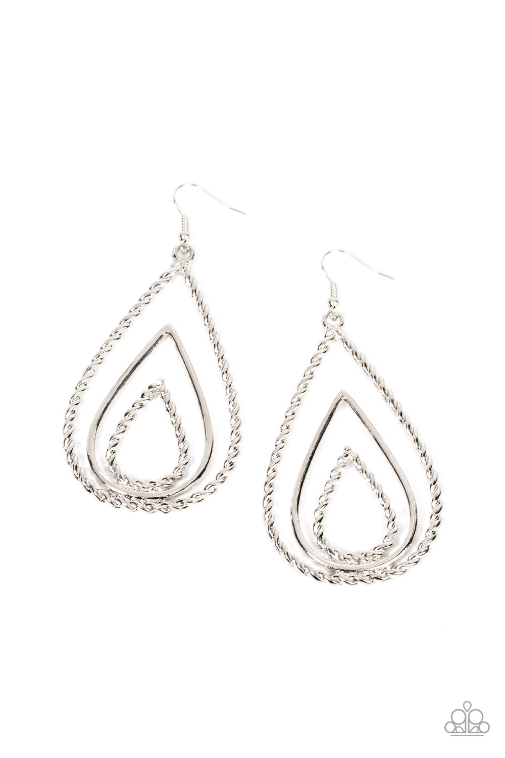 Tastefully Twisty Silver Earring - Paparazzi Accessories Brushed in a brilliant shimmer, smooth and twisted silver teardrops stack into a rippling glimmery lure. Earring attaches to a standard fishhook fitting. Featured inside The Preview at GLOW! Sold as one pair of earrings.