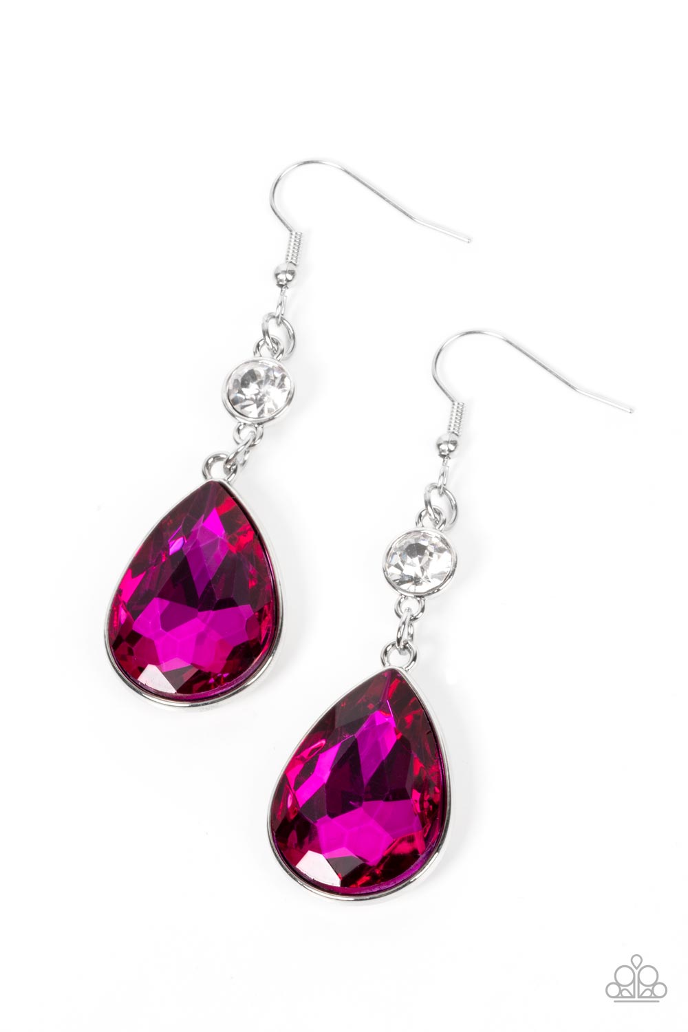 Smile for the Camera Pink Earring - Paparazzi Accessories A dramatically oversized Fuchsia Fedora teardrop gem sparkles from the bottom of a stunning solitaire white rhinestone, resulting in a jaw-dropping dazzle. Earring attaches to a standard fishhook fitting. Sold as one pair of earrings.