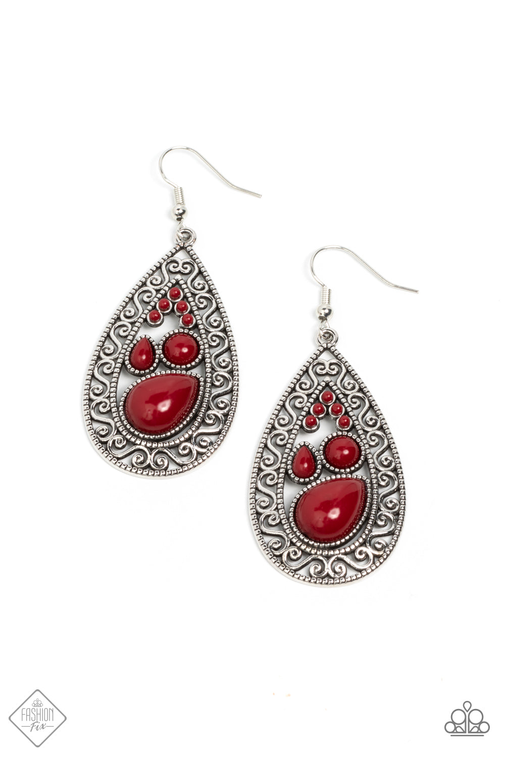 Nautical Daydream Red Earring - Paparazzi Accessories A mismatched collection of smooth red beads gathers inside a daintily dotted teardrop frame. An artful border of airy serpentine filigree encompasses the collection, making for a timeless design with a vintage vibe. Earring attaches to a standard fishhook fitting. Sold as one pair of earrings.