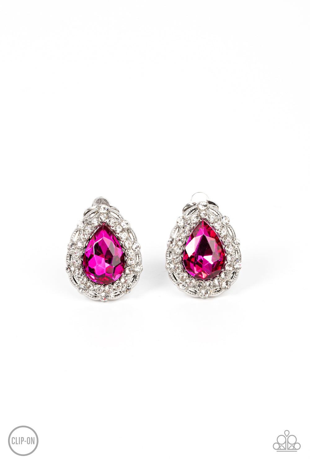 Haute Happy Hour Pink Clip-On Earring - Paparazzi Accessories An oversized Fuchsia Fedora teardrop gem is elegantly bordered in glassy white rhinestones atop a decorative silver frame, culminating into a timeless twinkle. Earring attaches to a standard clip-on fitting. Sold as one pair of clip-on earrings.