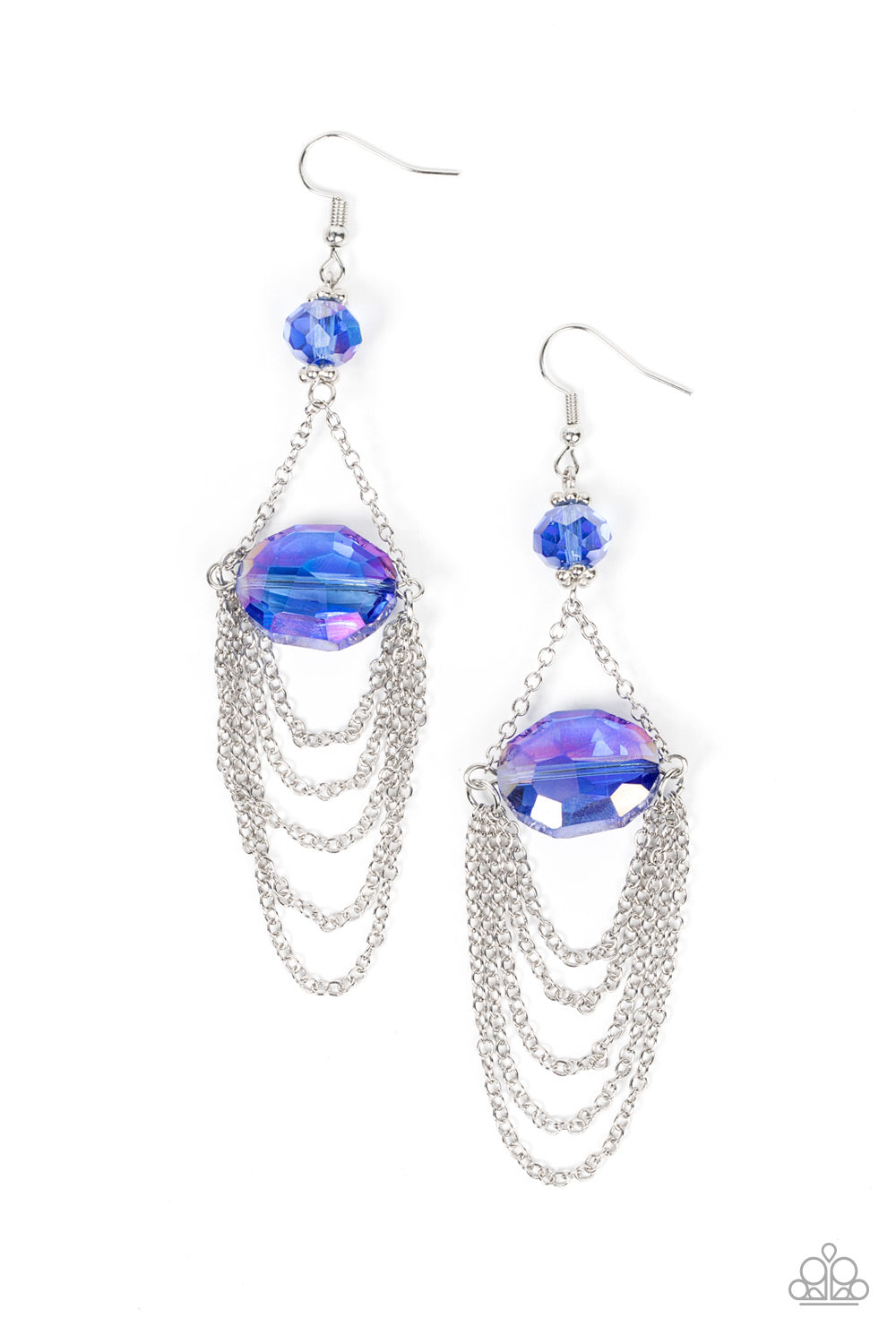 Ethereally Extravagant Blue Earring - Paparazzi Accessories Tiers of dainty silver chains delicately layer from an oversized oval iridescent blue gem that is suspended from a faceted matching blue crystal-like bead, resulting in an ethereal chandelier. Earring attaches to a standard fishhook fitting. Sold as one pair of earrings.