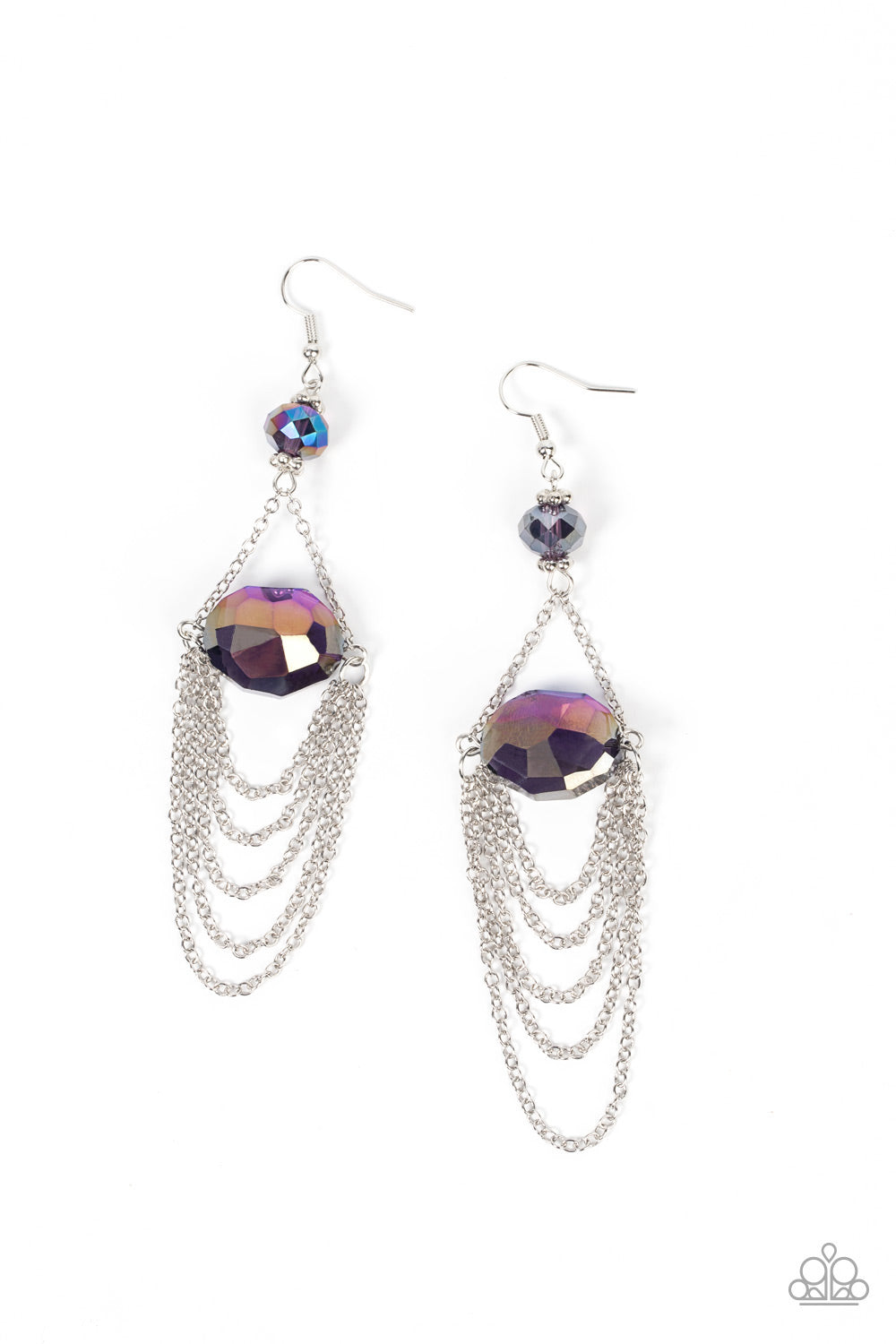 Ethereally Extravagant Purple Earring - Paparazzi Accessories Tiers of dainty silver chains delicately layer from an oversized oval iridescent purple gem that is suspended from a faceted matching purple crystal-like bead, resulting in an ethereal chandelier. Earring attaches to a standard fishhook fitting. Sold as one pair of earrings.