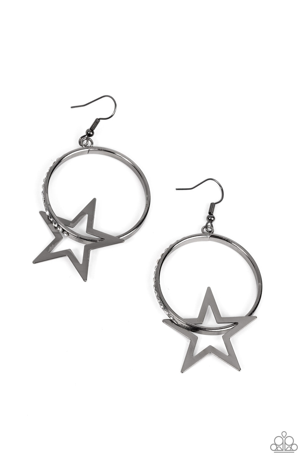 Superstar Showcase Black Earring - Paparazzi Accessories A flat gunmetal star glides along a gunmetal hoop, resulting in a stellar fashion. The front of the gunmetal hoop is encrusted in glassy white rhinestones for a glitzy finish. Earring attaches to a standard fishhook fitting. Sold as one pair of earrings.