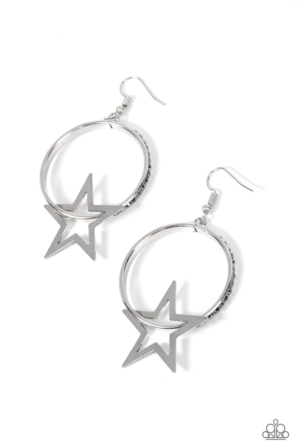 Superstar Showcase Silver Earring - Paparazzi Accessories A flat silver star glides along a silver hoop, resulting in a stellar fashion. The front of the silver hoop is encrusted in smoky hematite rhinestones for a glitzy finish. Earring attaches to a standard fishhook fitting. Sold as one pair of earrings.