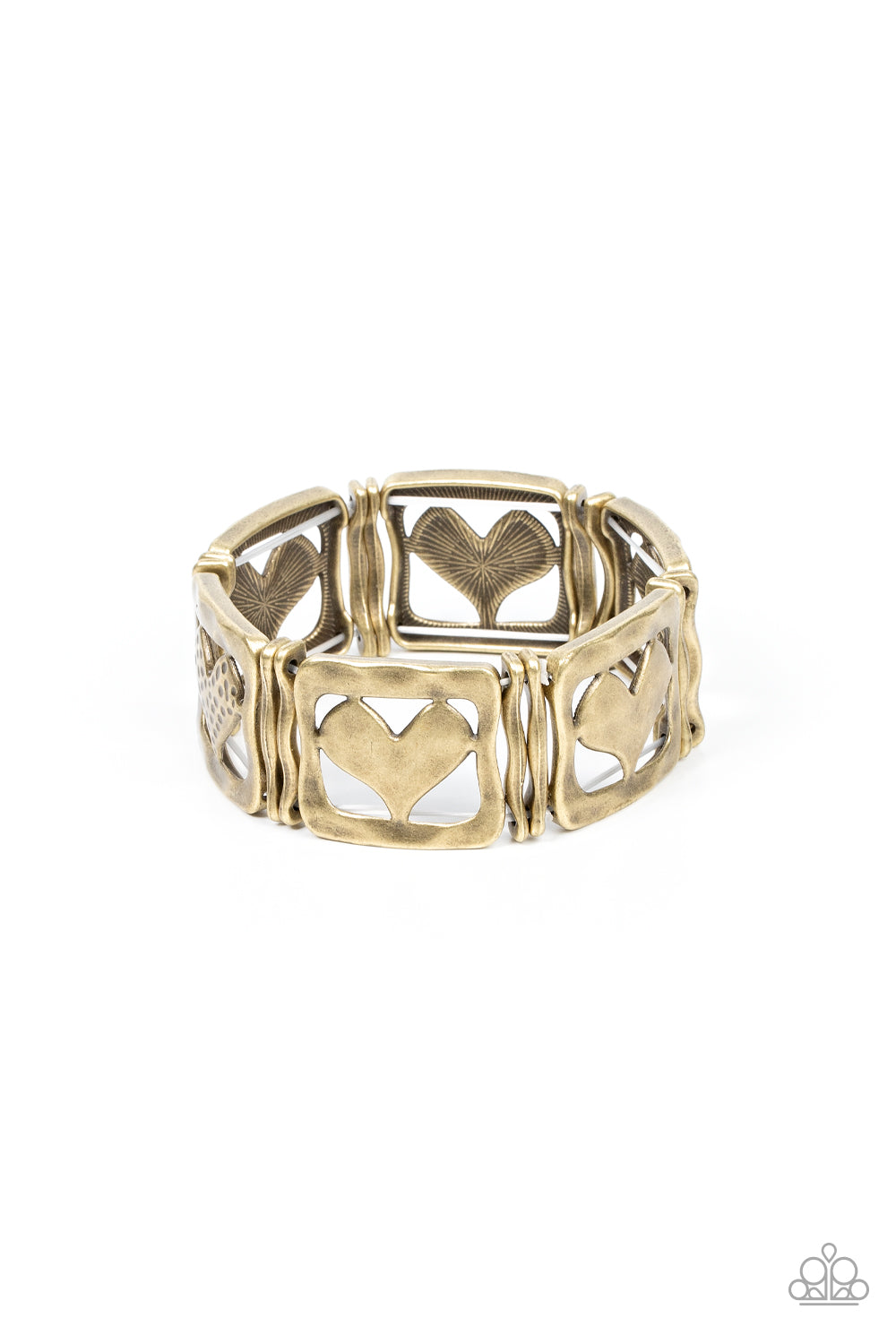 Legendary Lovers Brass Bracelet - Paparazzi Accessories Encased in hammered brass frames, hammered brass hearts and brass hearts featuring a hammered dotted motif join pairs of wavy brass frames along stretchy bands around the wrist for a romantic flair. Sold as one individual bracelet.