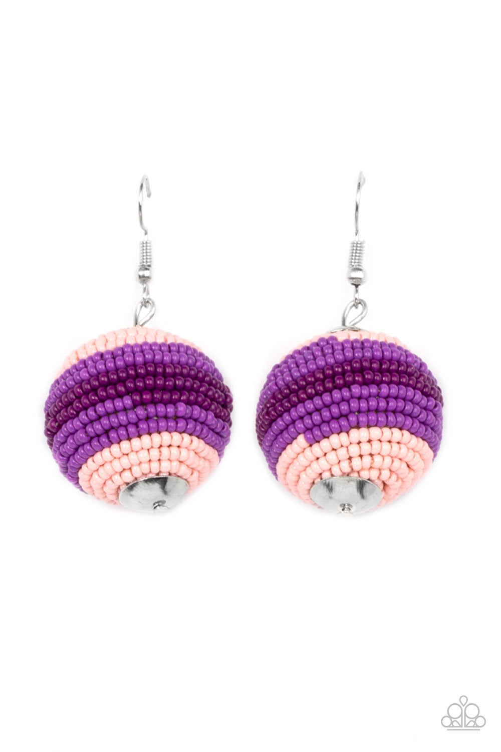 Zest Fest Purple Earring - Paparazzi Accessories Strands of Pale Rosette, purple, and plum seed beads decoratively spin around a spherical frame, resulting in a colorful 3-dimensional display. Earring attaches to a standard fishhook fitting. Sold as one pair of earrings.