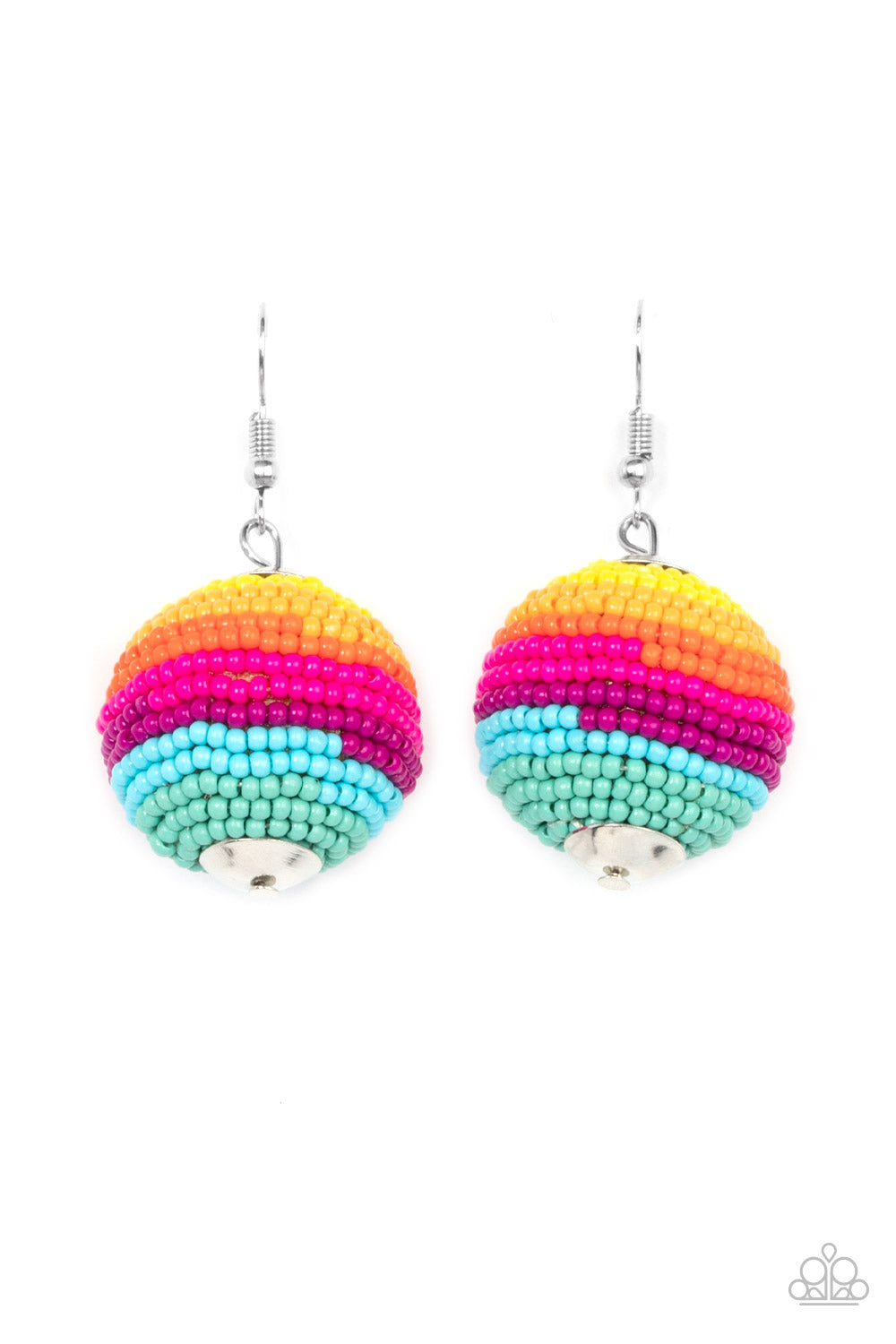 Zest Fest Multi Earring - Paparazzi Accessories Strands of multicolored seed beads decoratively spin around a spherical frame, resulting in a colorful 3-dimensional display. Earring attaches to a standard fishhook fitting. Sold as one pair of earrings.