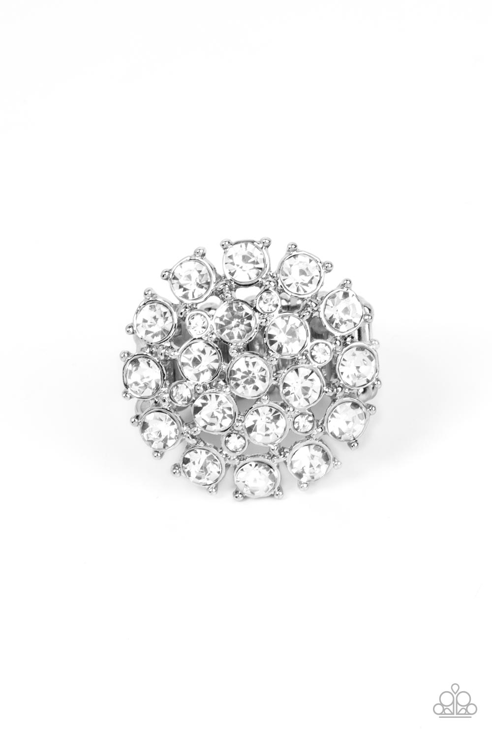 SELFIE-Confidence White Ring - Paparazzi Accessories Featuring pronged silver fittings, an explosion of glassy white rhinestones sparkles atop the finger for a statement-making fashion. Features a stretchy band for a flexible fit. Sold as one individual ring.