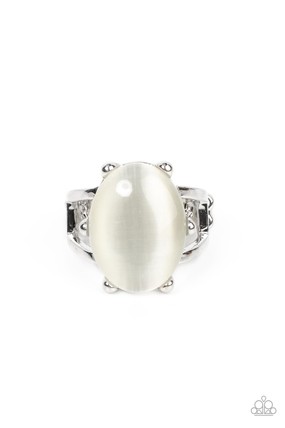 Enchantingly Everglades White Ring - Paparazzi Accessories An oval white cat's eye gemstone sits atop a pronged silver frame along two layered silver bands, resulting in an enchanting centerpiece atop the finger. Features a stretchy band for a flexible fit. Sold as one individual ring.