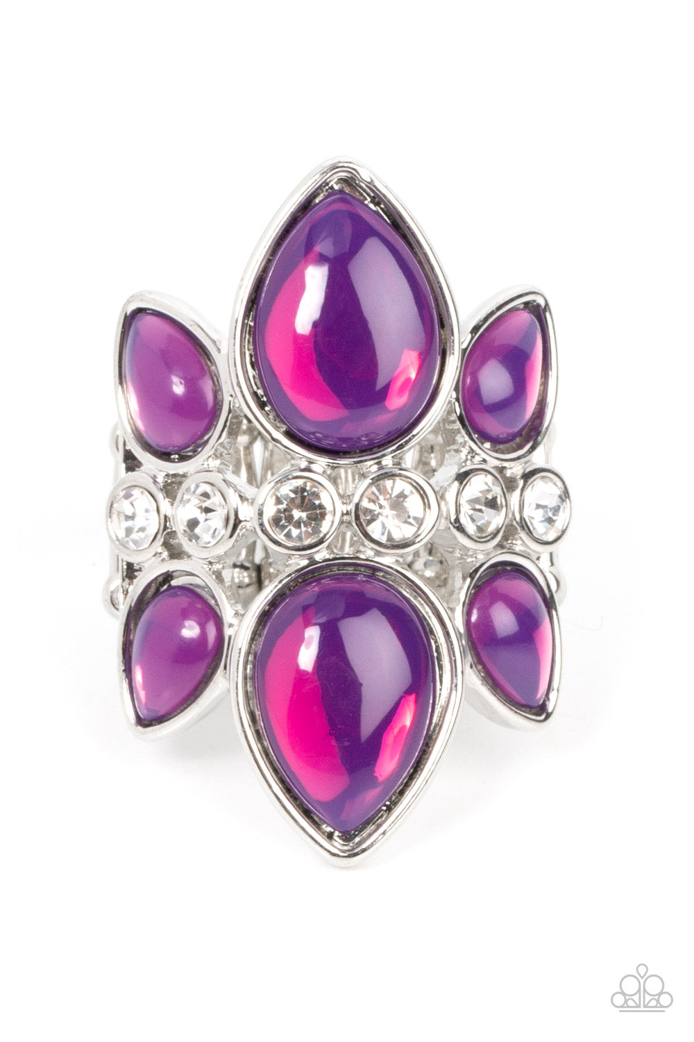TRIO Tinto Purple Ring - Paparazzi Accessories Crowns of glassy purple teardrop beads fan out from a center of glassy white rhinestones, coalescing into an ethereal centerpiece atop the finger. Features a stretchy band for a flexible fit. Sold as one individual ring.