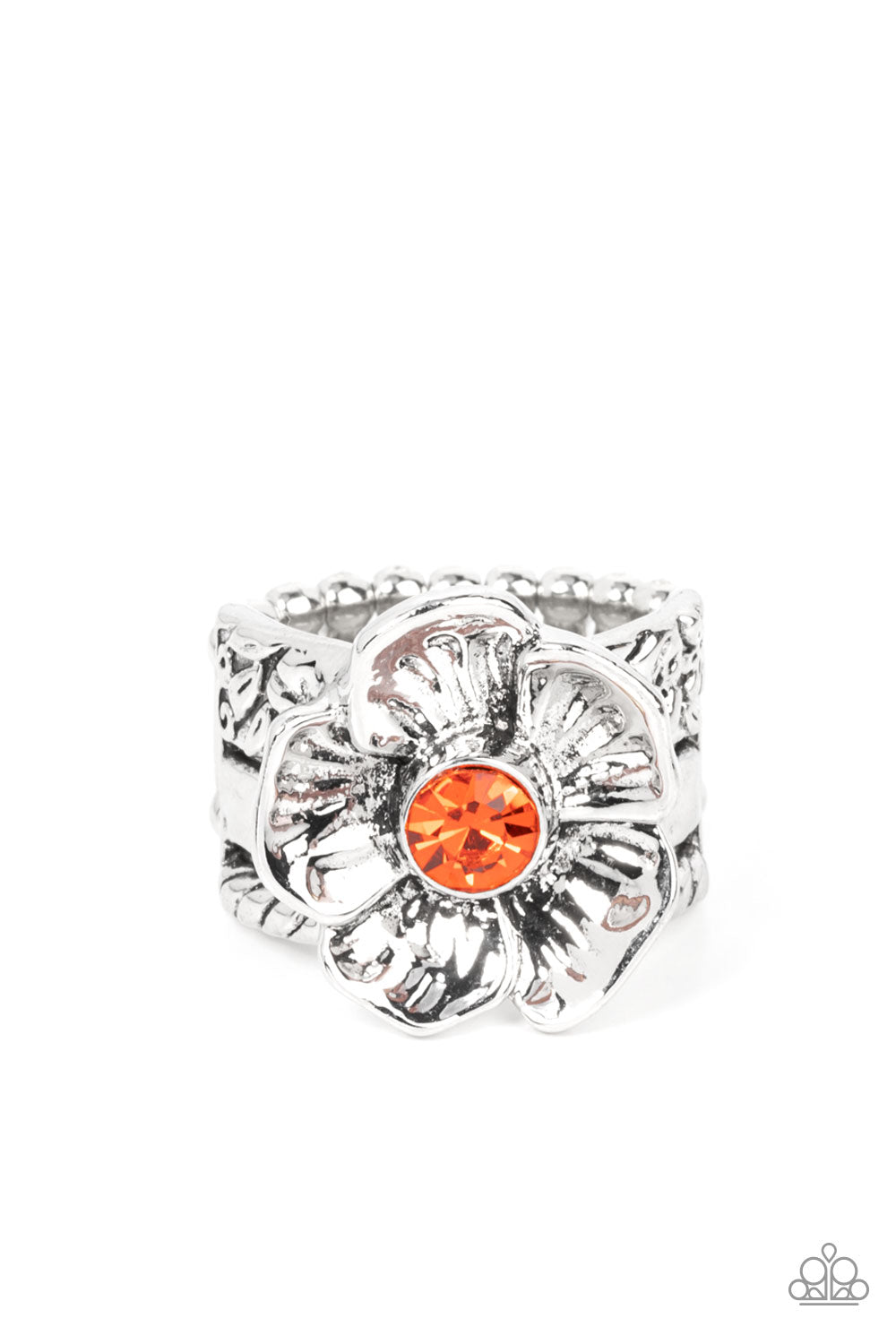 Prismatically Petunia Orange Ring - Paparazzi Accessories Textured silver petals gently gather around a sparkling orange rhinestone center, blooming into a dazzling floral centerpiece atop the finger. Features a stretchy band for a flexible fit. Sold as one individual ring.