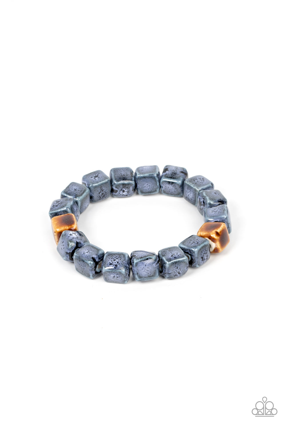 Glaze Craze Blue Urban Bracelet - Paparazzi Accessories Featuring distressed blue and brown glazed finishes, a rustic collection of ceramic cube beads are threaded along stretchy bands around the wrist for a colorful flair. Sold as one individual bracelet.