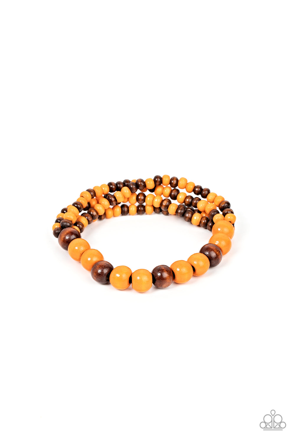 Oceania Oasis Orange Wooden Bracelet - Paparazzi Accessories Stretchy strands of dainty brown and orange wood beads attach to a single strand of oversized brown and orange wood beads, resulting in colorful layers around the wrist. Sold as one individual bracelet.