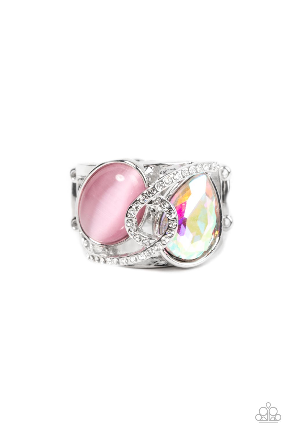 SELFIE-Indulgence Pink Ring - Paparazzi Accessories A white rhinestone dotted silver ribbon loops and slants over a tilted pink cat's eye stone and iridescent teardrop gem, culminating into a stellar centerpiece. Features a stretchy band for a flexible fit. Sold as one individual ring.