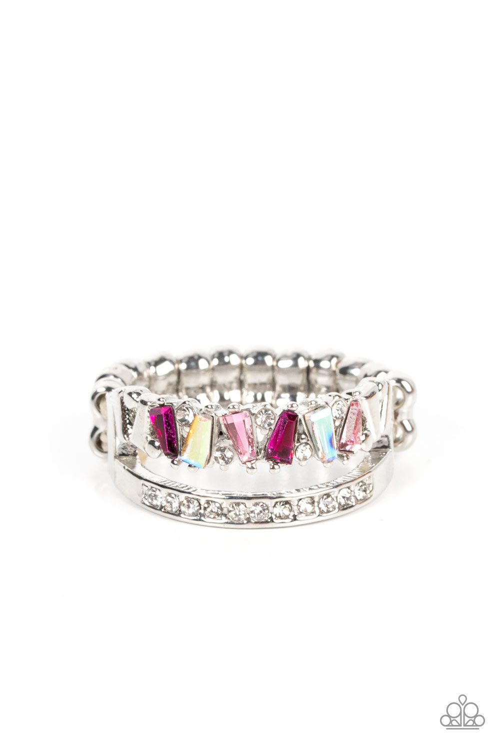 Fractal Fascination Pink Ring - Paparazzi Accessories Infused with a timeless band of white rhinestones, a dainty collection of trapezoidal light pink, dark pink, and iridescent rhinestones staggers across the finger for a glamorously layered look. Features a dainty stretchy band for a flexible fit. Sold as one individual ring.