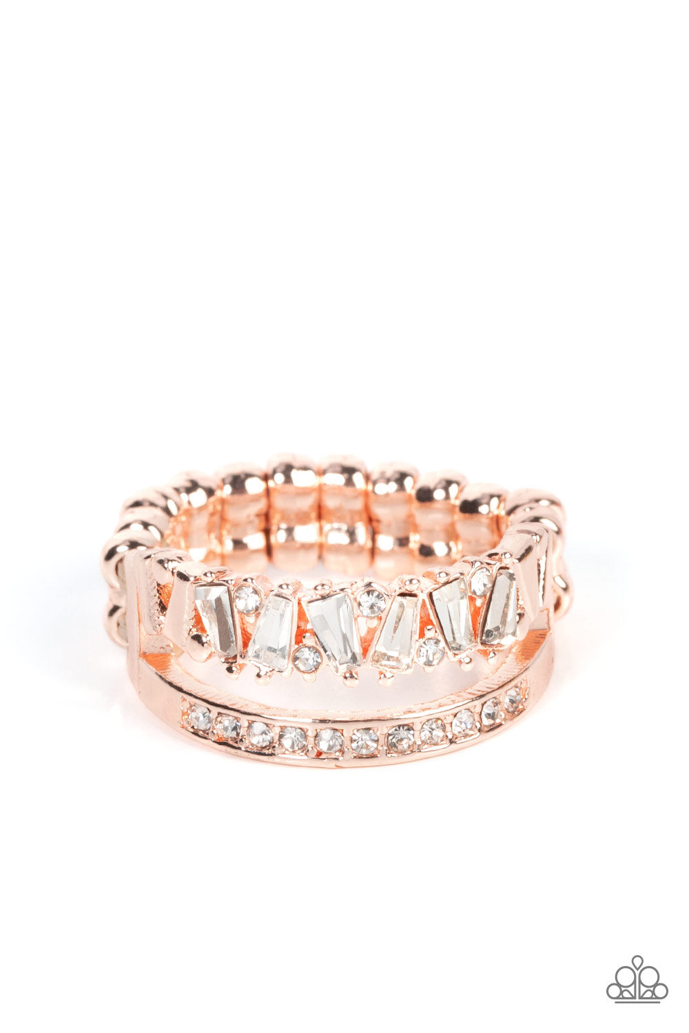 Fractal Fascination Rose Gold Ring - Paparazzi Accessories Infused with a timeless band of white rhinestones, a dainty collection of trapezoidal cut white rhinestones staggers across the finger for a glamorously layered look. Features a dainty stretchy band for a flexible fit. Sold as one individual ring.