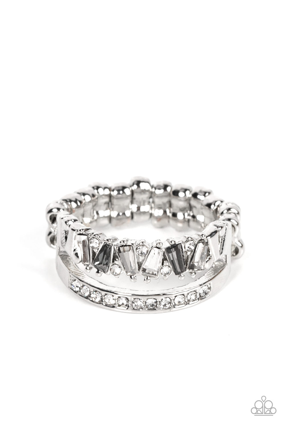 Fractal Fascination Silver Ring - Paparazzi Accessories Infused with a timeless band of white rhinestones, a dainty collection of trapezoidal cut smoky and white rhinestones staggers across the finger for a glamorously layered look. Features a dainty stretchy band for a flexible fit. Sold as one individual ring.