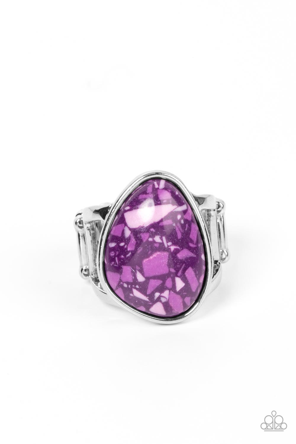 Earth Hearth Purple Ring - Paparazzi Accessories Featuring a faux terrazzo finish, an asymmetrical purple stone is encased in a sleek silver frame atop layered silver bands for an earthy inspiration. Features a stretchy band for a flexible fit. Sold as one individual ring.