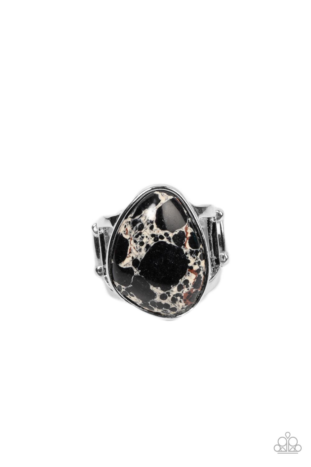 Earth Hearth Black Ring - Paparazzi Accessories Featuring a faux marble finish, an asymmetrical black stone is encased in a sleek silver frame atop layered silver bands for an earthy inspiration. Features a stretchy band for a flexible fit. Sold as one individual ring.