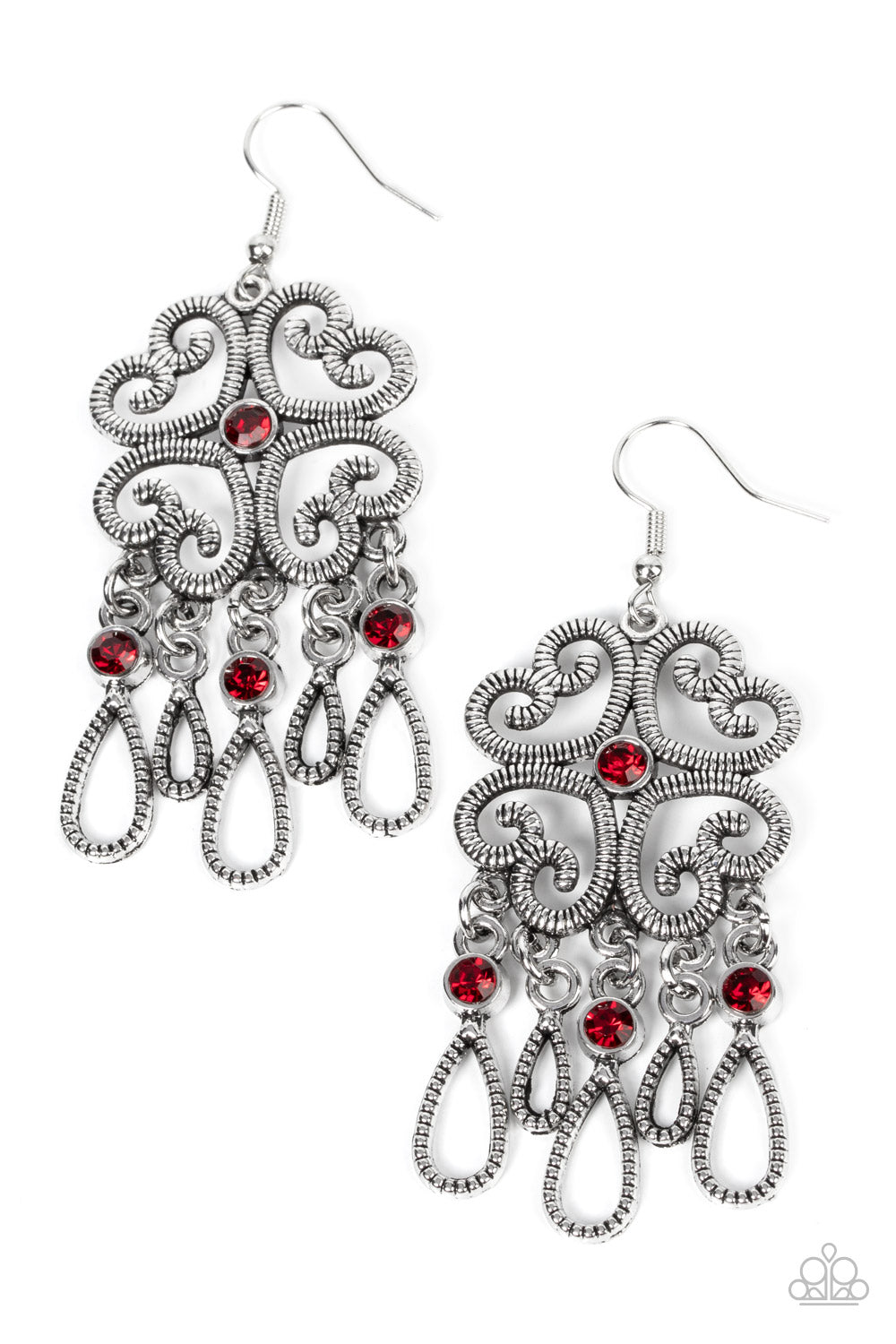 Majestic Makeover - Red Item #P5RE-RDXX-172XX Etched in linear texture, four whimsical hearts coalesce into an airy frame. A dainty red rhinestone dots the center while a flirty fringe of teardrop frames adorned with fiery red rhinestones sways below for an eye-catching finish. Earring attaches to a standard fishhook fitting. Sold as one pair of earrings.