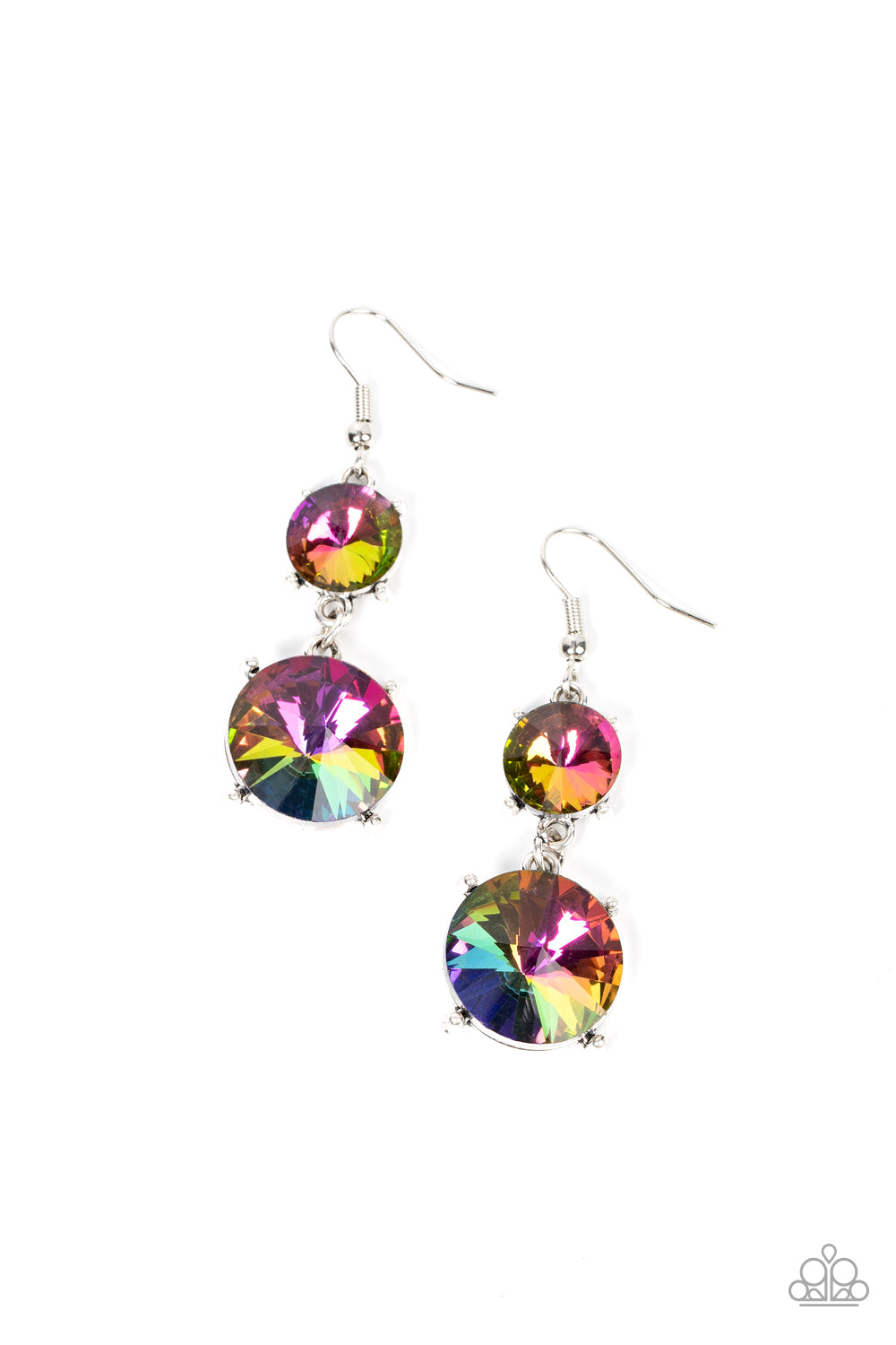 Sizzling Showcase Multi Earring - Paparazzi Accessories Featuring pronged silver fittings, two oversized oil spill rhinestones dramatically link into a bold smoldering lure as they drip dazzlingly from the ear. Earring attaches to a standard fishhook fitting. Sold as one pair of earrings.