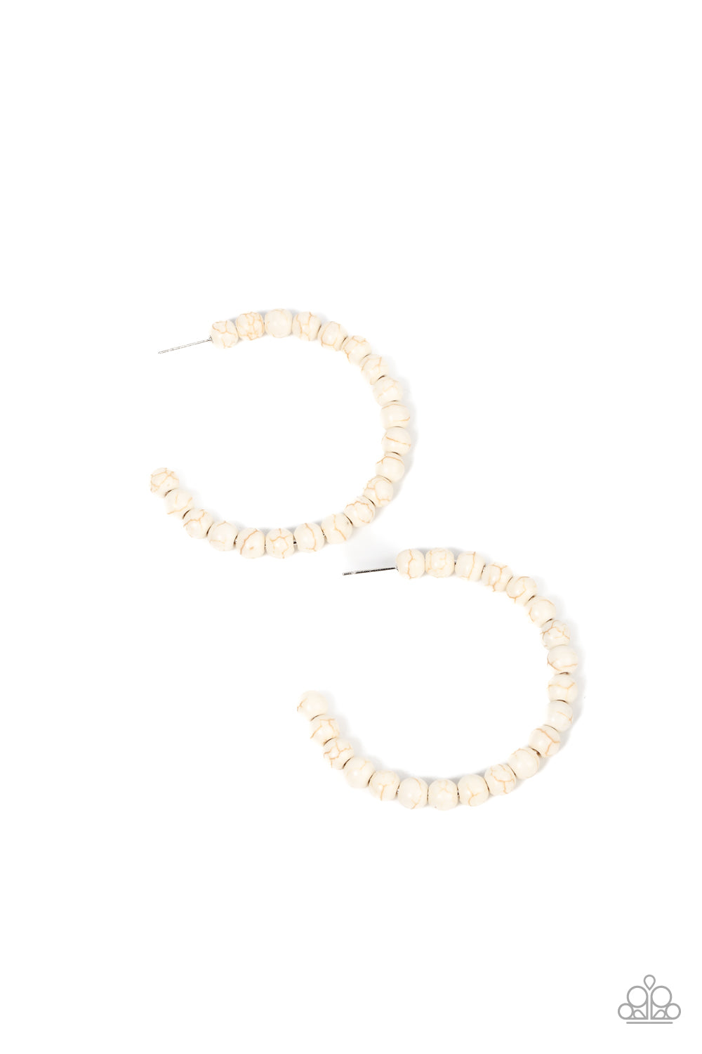 Rural Retrograde White Stone Hoop Earring - Paparazzi Accessories Earthy white stone beads are threaded along a dainty wire hoop, resulting in an earthy flair. Earring attaches to a standard post fitting. Hoop measures approximately 2" in diameter. Sold as one pair of hoop earrings. P5HO-WTXX-103XX