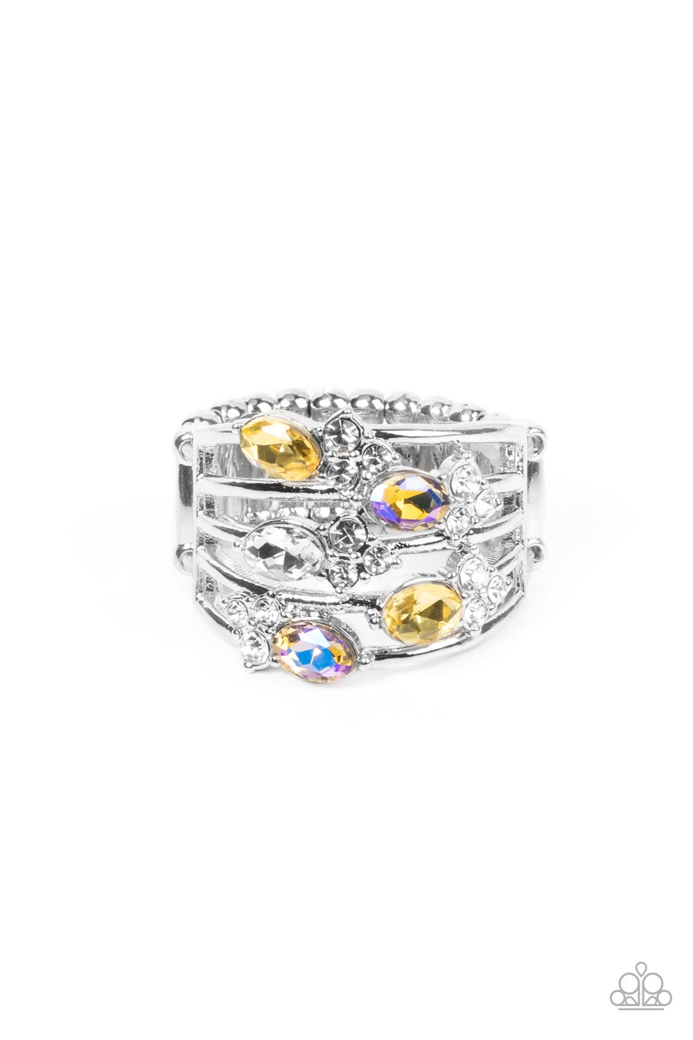 Ethereal Escapade Yellow Ring - Paparazzi Accessories Infused with clusters of dainty white rhinestones, a glitzy collection of yellow, iridescent, and white oval rhinestones are sprinkled across layers of silver bands, creating an ethereal sparkle across the finger. Features a dainty stretchy band for a flexible fit. Featured inside The Preview at GLOW! Sold as one individual ring.