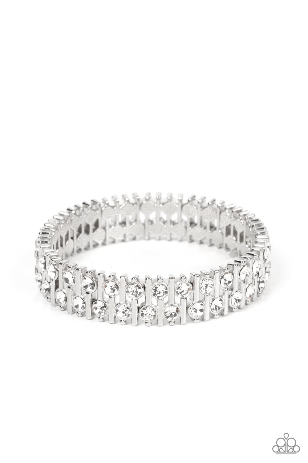 Generational Glimmer White Bracelet - Paparazzi Accessories Attached to silver bars, a staggered display of solitaire white rhinestones alternates along a stretchy band around the wrist for an unexpected pop of shimmer around the wrist. Sold as one individual bracelet.