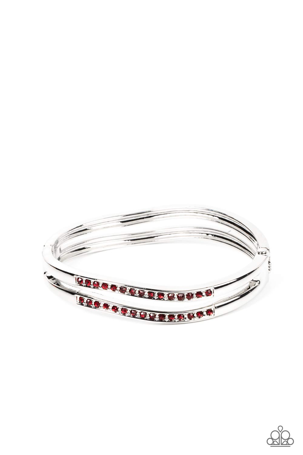Gen Z Glamour Red Bracelet - Paparazzi Accessories Wavy rows of silver hinge into an airy bangle-like bracelet around the wrist. Fiery red rhinestones are sprinkled across the front of the trendy centerpiece, adding a spritz of glitz to the versatile design. Features a hinged closure. Sold as one individual bracelet.