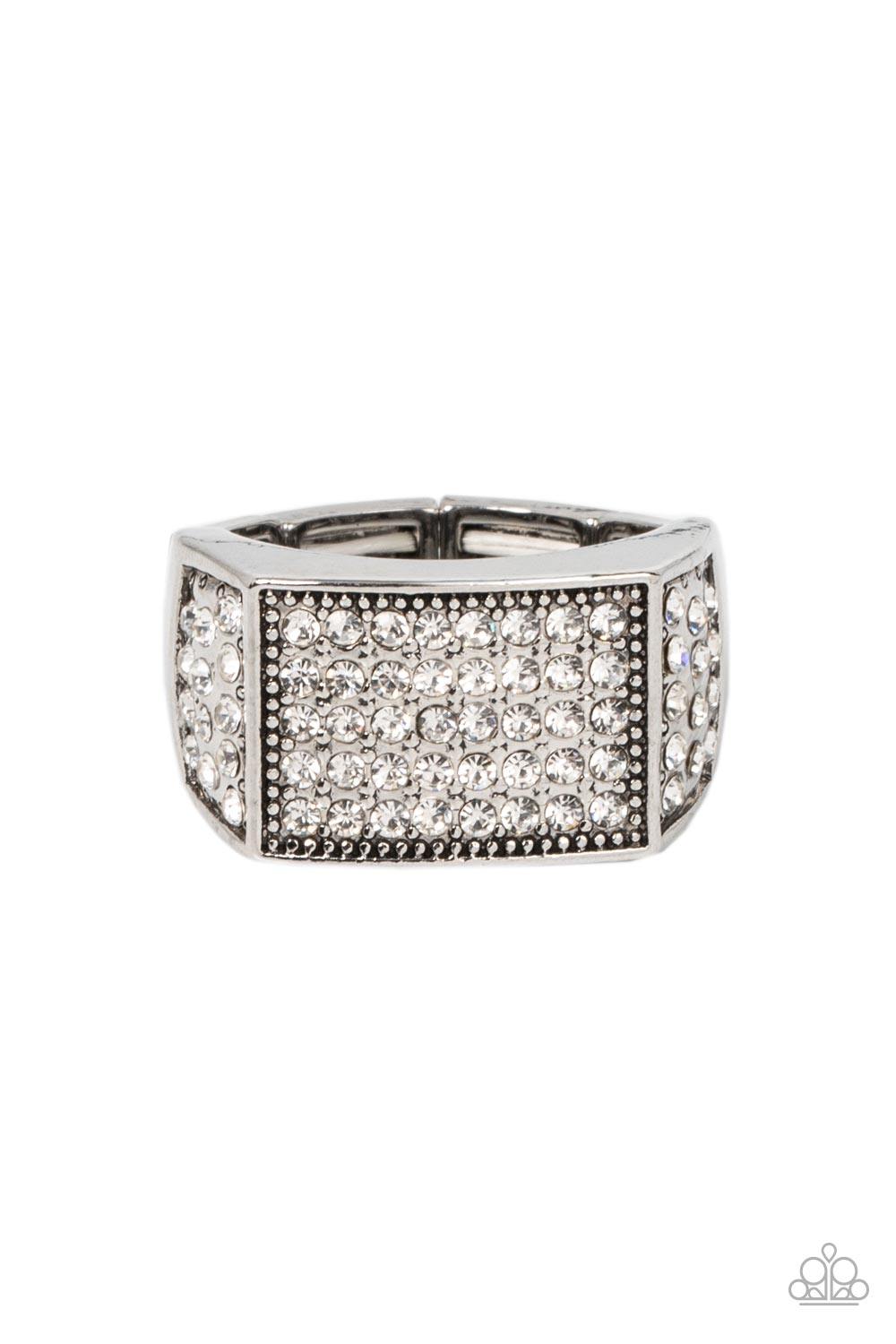 Metro Merger White Ring - Paparazzi Accessories The front of a rectangular silver frame is encrusted in sections of white rhinestones, resulting in a smoldering centerpiece atop the finger. Features a stretchy band for a flexible fit. Sold as one individual ring.