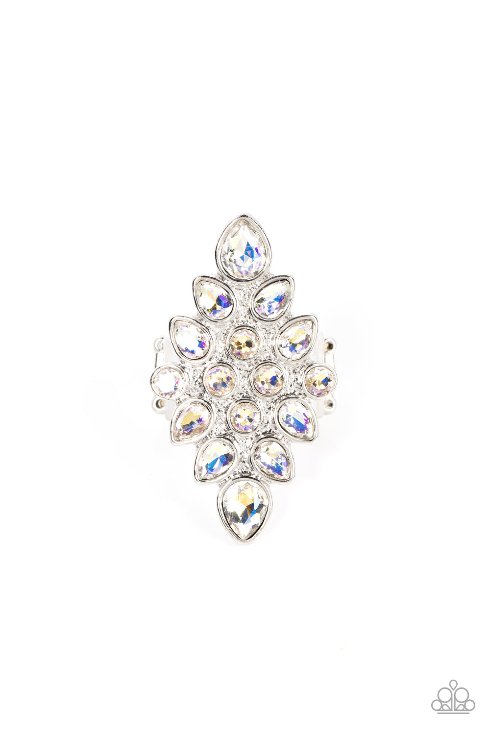 Combustible Iridescence White Ring - Paparazzi Accessories Round and teardrop iridescent rhinestones fan out across a diamond shaped silver frame, resulting in a stellar centerpiece atop the finger. Features a stretchy band for a flexible fit. Sold as one individual ring.