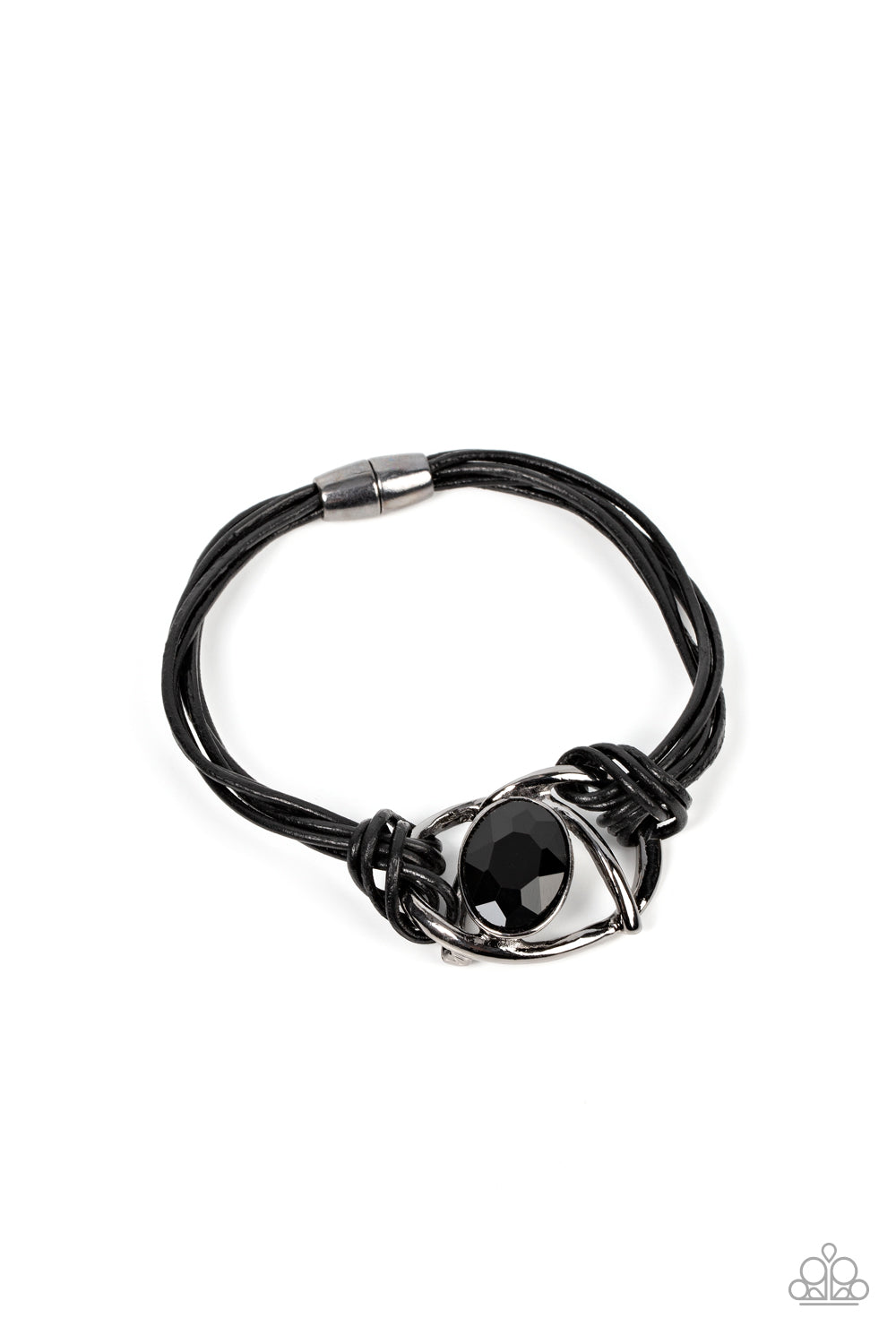 Keep Your Distance Black Magnetic Bracelet - Paparazzi Accessories Shiny gunmetal bars abstractly twist around an oversized oval black gem, resulting in a mesmerizing centerpiece that is knotted in place with layers of black leather cording. Features a magnetic closure. Sold as one individual bracelet.