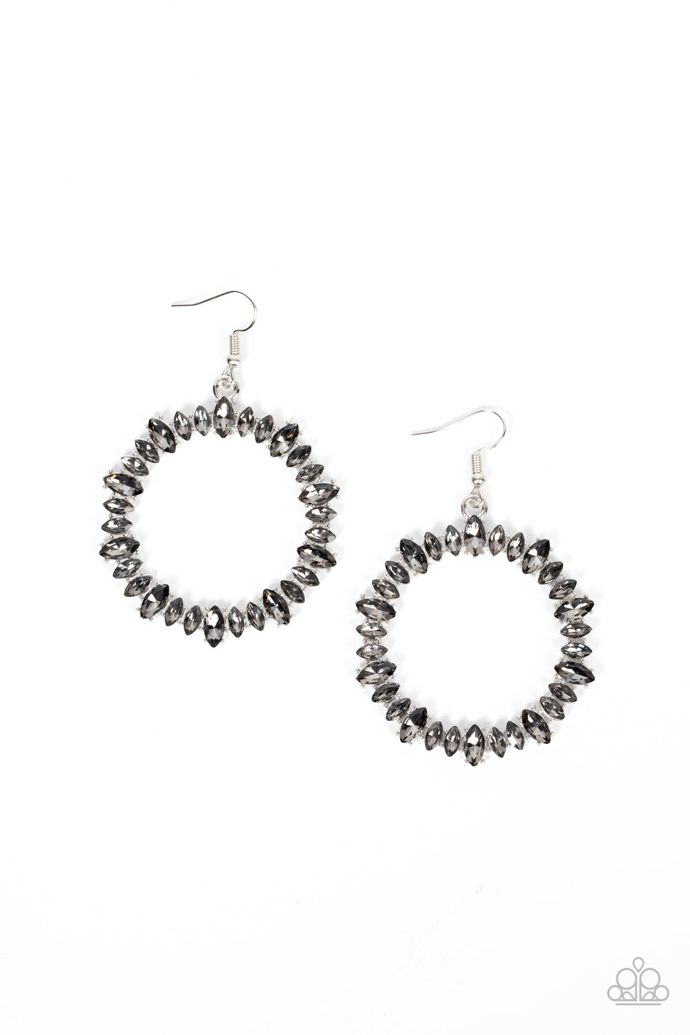 Glowing Reviews Silver Earring - Paparazzi Accessories Encased in pronged silver fittings, a smoky collection of marquise cut rhinestones delicately coalesce into a brilliant hoop for a show-stopping finish. Earring attaches to a standard fishhook fitting. Sold as one pair of earrings.