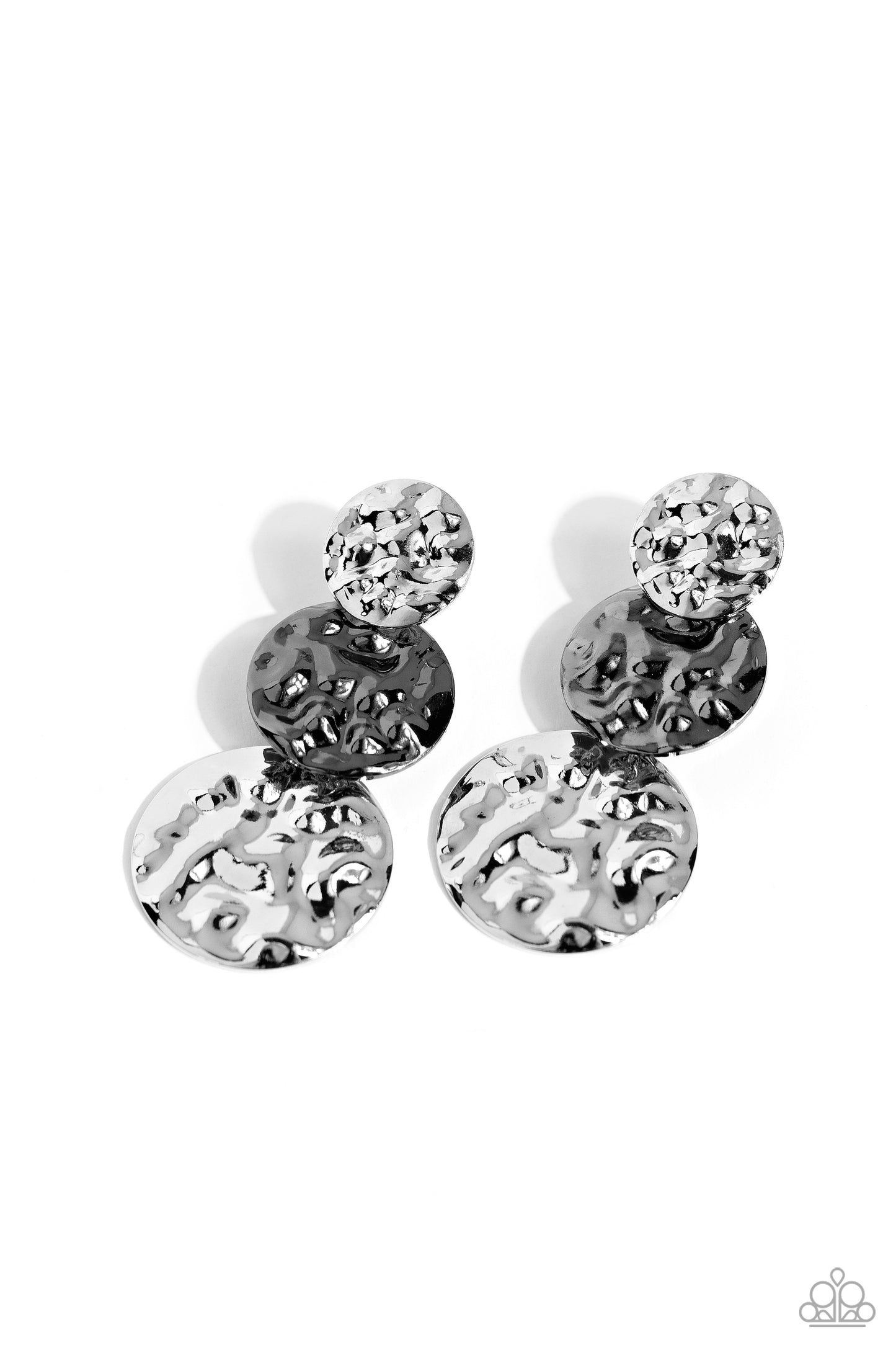 Triple Threat Texture Multi Post Earring - Paparazzi Accessories Gradually increasing in size, heavily hammered silver and gunmetal discs delicately link and overlap into an intense industrial display. Earring attaches to a standard post fitting. Sold as one pair of post earrings. Sku: P5PO-MTXX-060XX