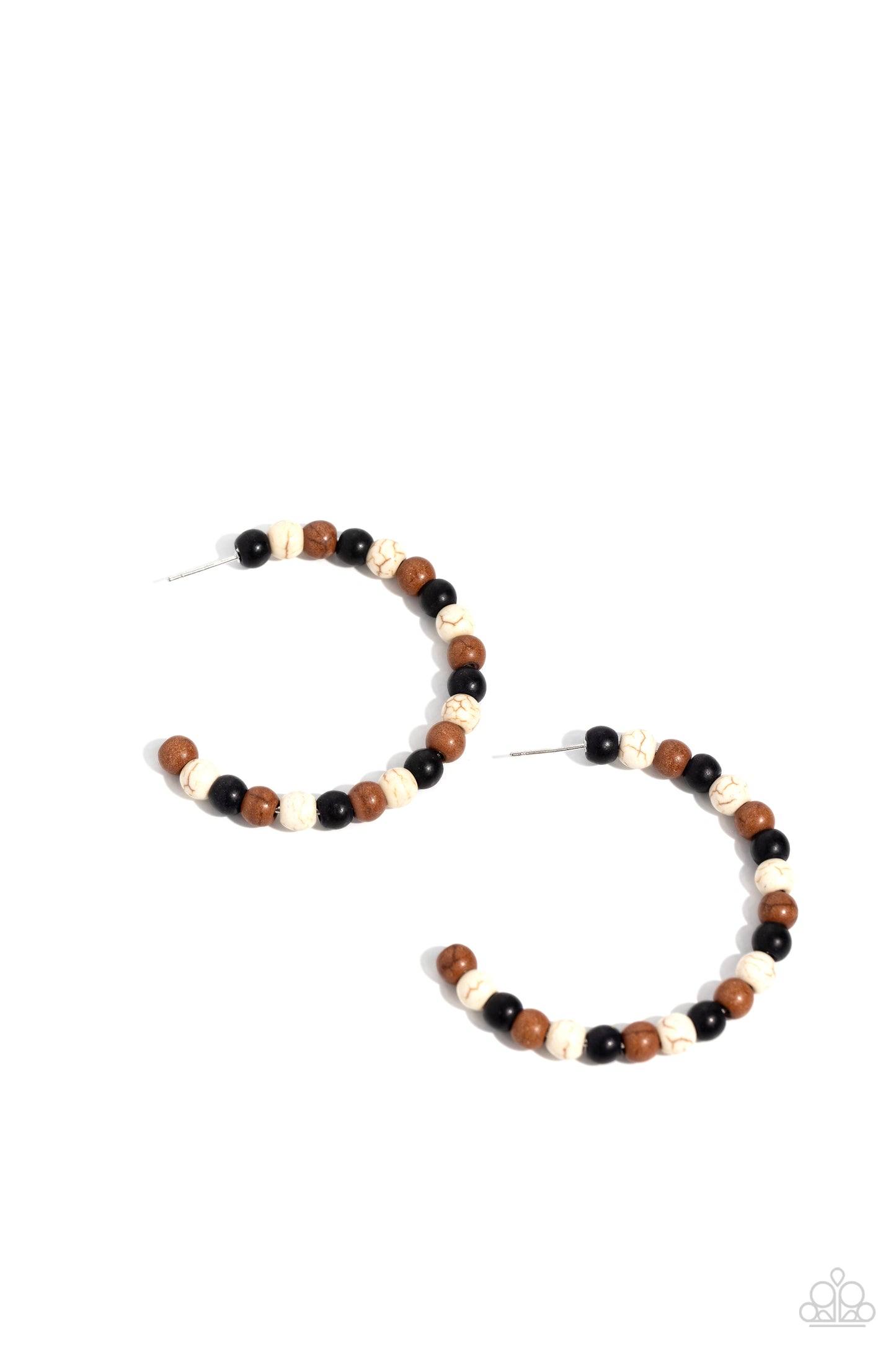 Rural Retrograde Multi Hoop Earring - Paparazzi Accessories Earthy black, white, and Adobe stone beads are threaded along a dainty wire hoop, resulting in an earthy flair. Earring attaches to a standard post fitting. Hoop measures approximately 2" in diameter. Sold as one pair of hoop earrings. P5HO-MTXX-041XX