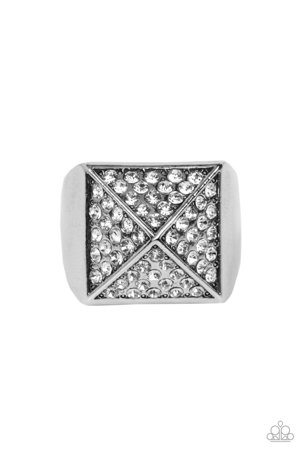 Encrusted in glassy white rhinestones, silver triangular frames build into a pyramidal centerpiece atop a thick silver band for a dauntless look. Features a stretchy band for a flexible fit. Sold as one individual ring.