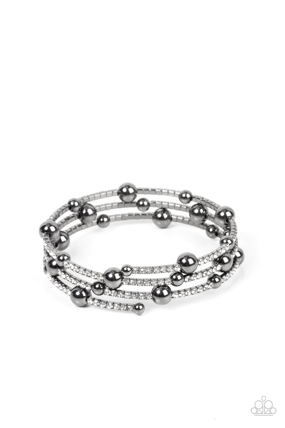 Spontaneous Shimmer Black Bracelet - Paparazzi Accessories Spontaneously interrupted by glistening gunmetal beads, a sparkly strand of white rhinestones coils around the wrist, resulting in an irresistible infinity wrap bracelet. Sold as one individual bracelet.